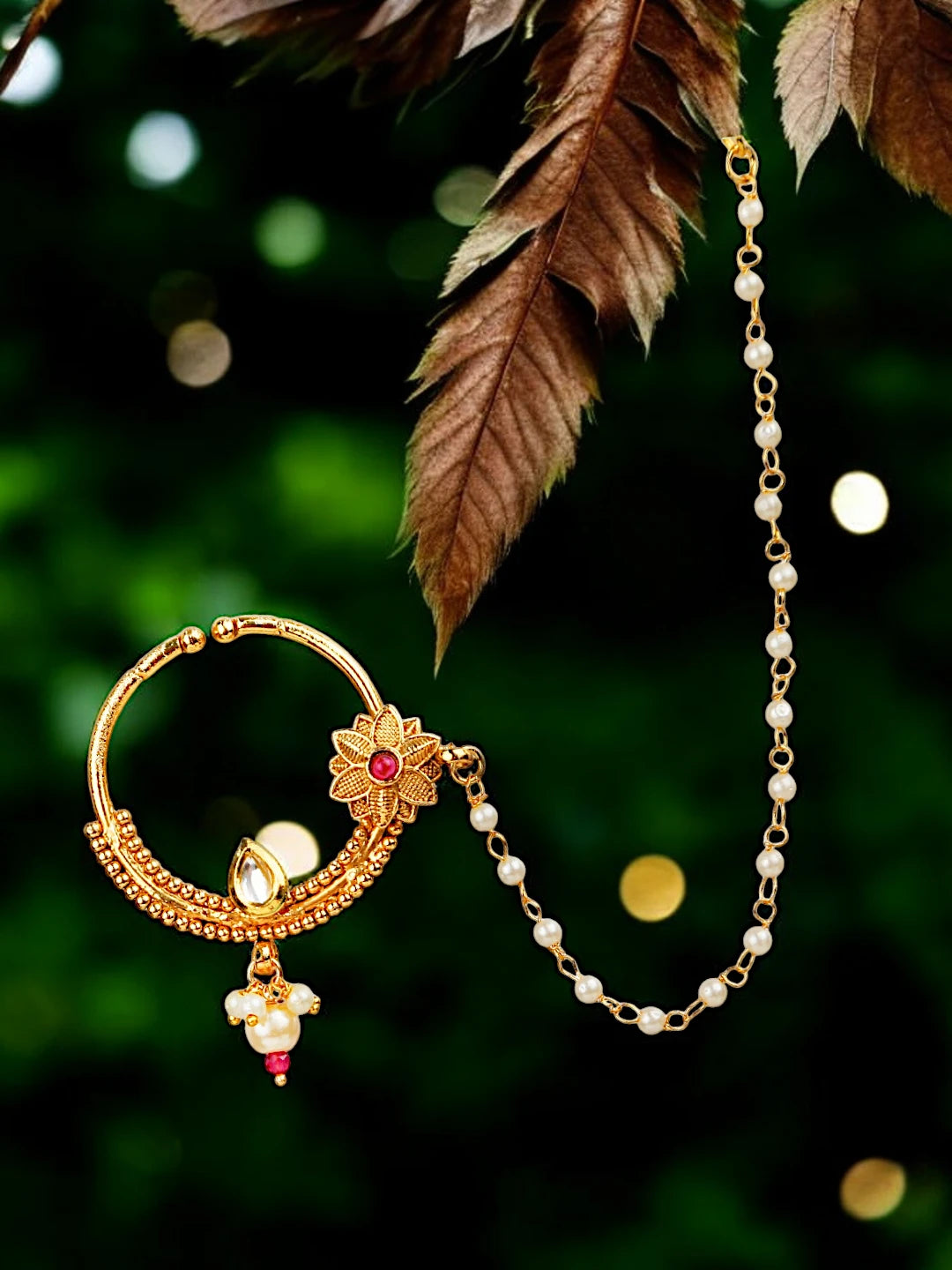 Gold plated Kundan Bridal Nose Ring Clip On Non Piercing Nath