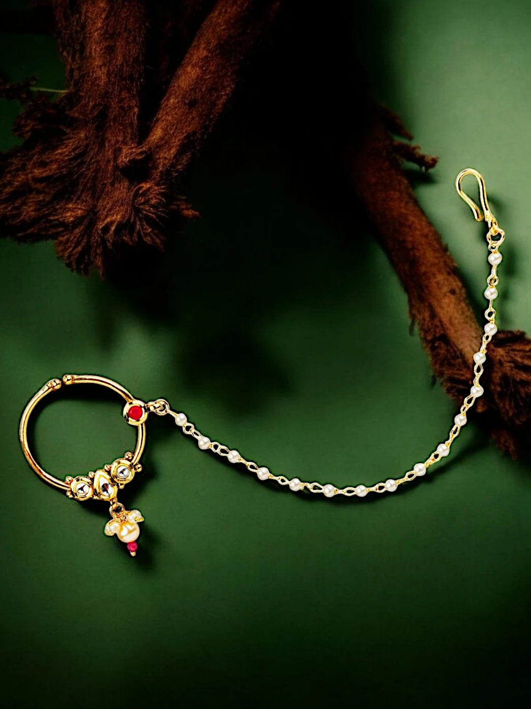 Gold plated Kundan Ruby Bridal Nose Ring Clip On Non Piercing Nath