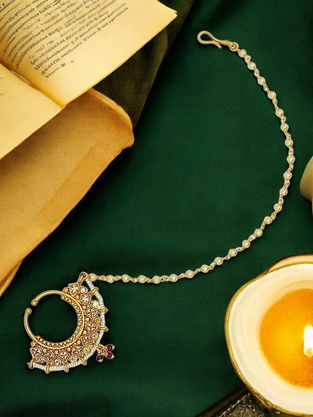 Golden Kundan Beads Chained Nosepin