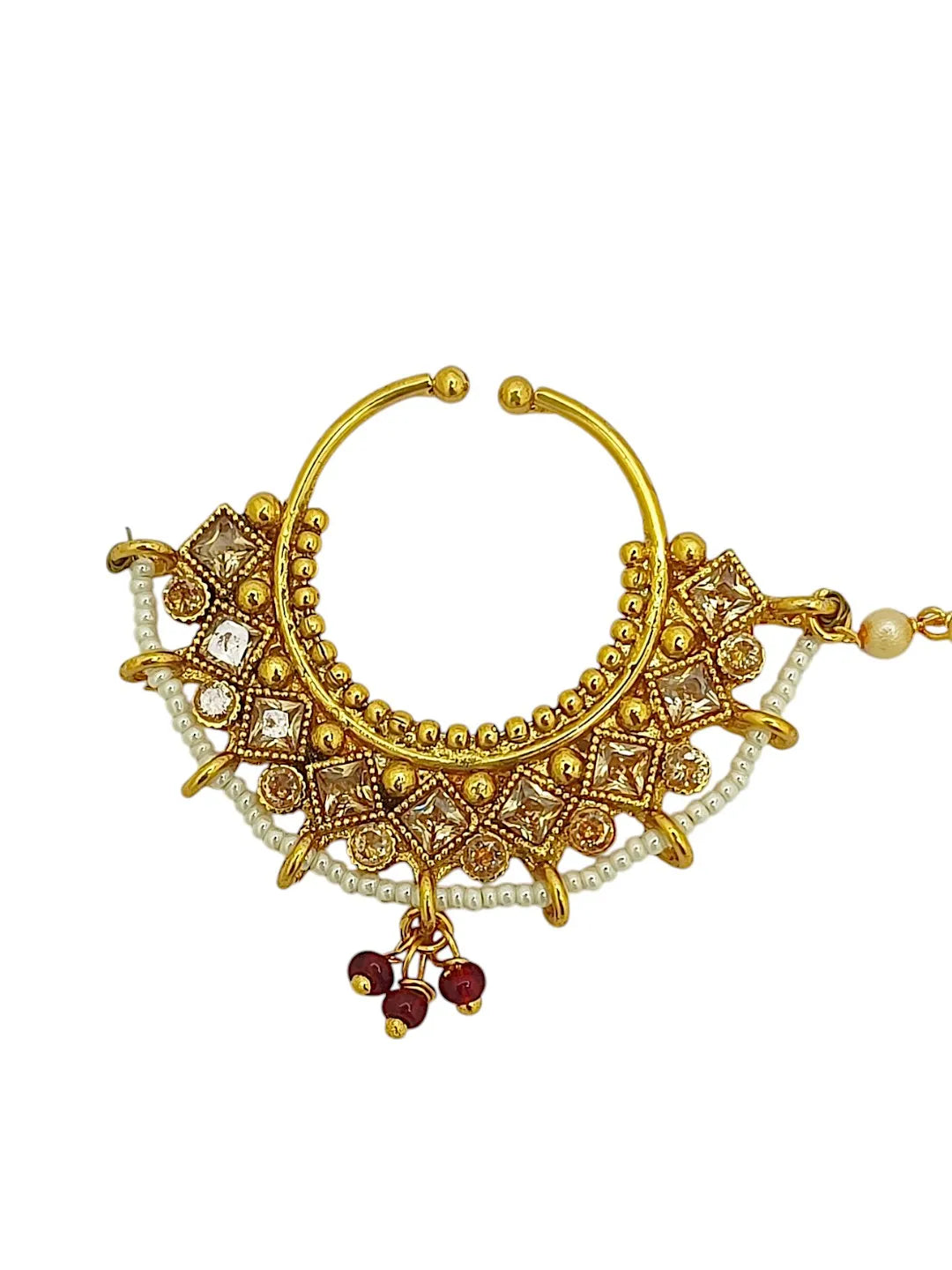 Golden Kundan Beads Chained Nosepin
