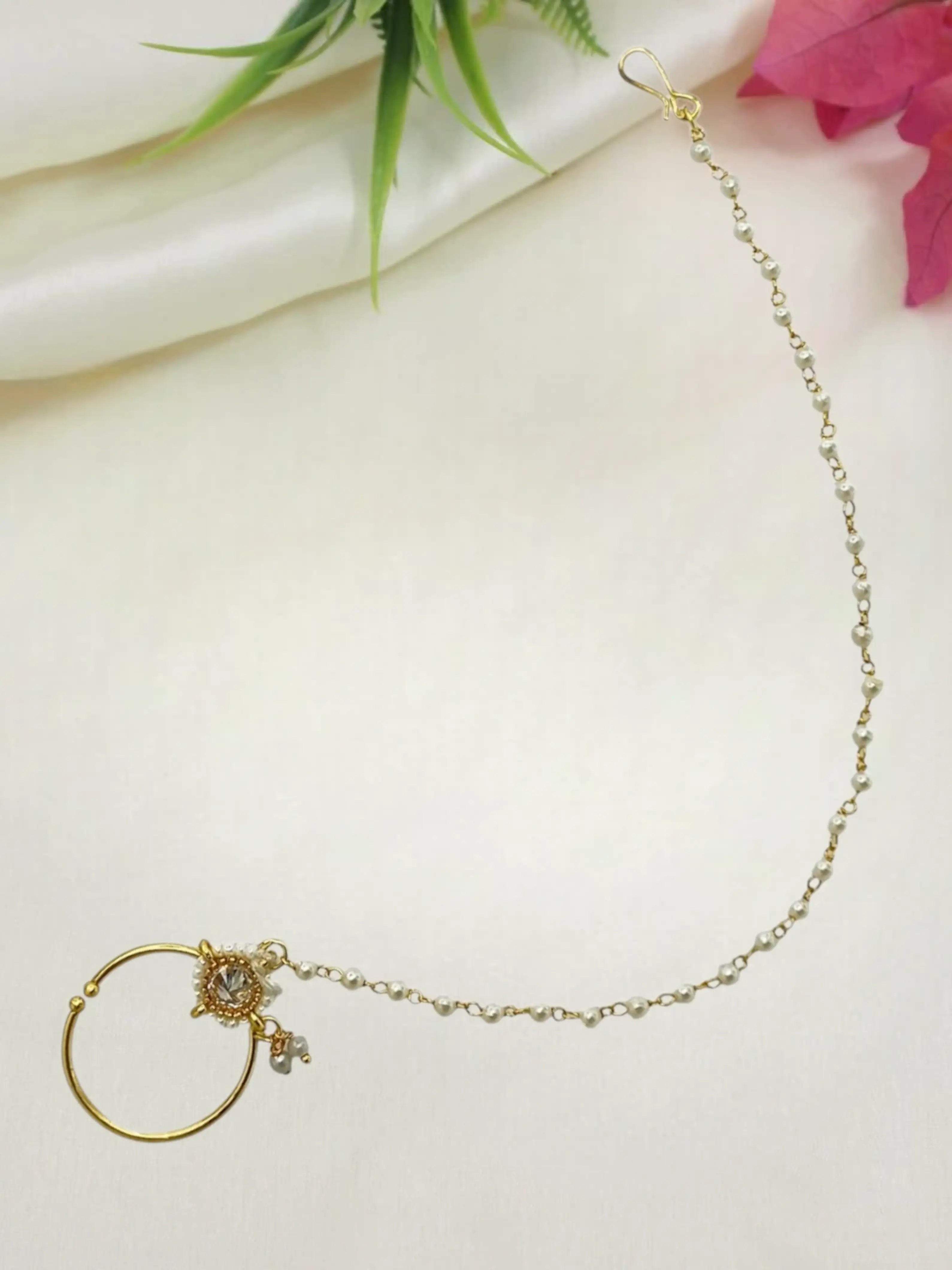 Gold Plated Beaded Pressing Nose Ring With Chain