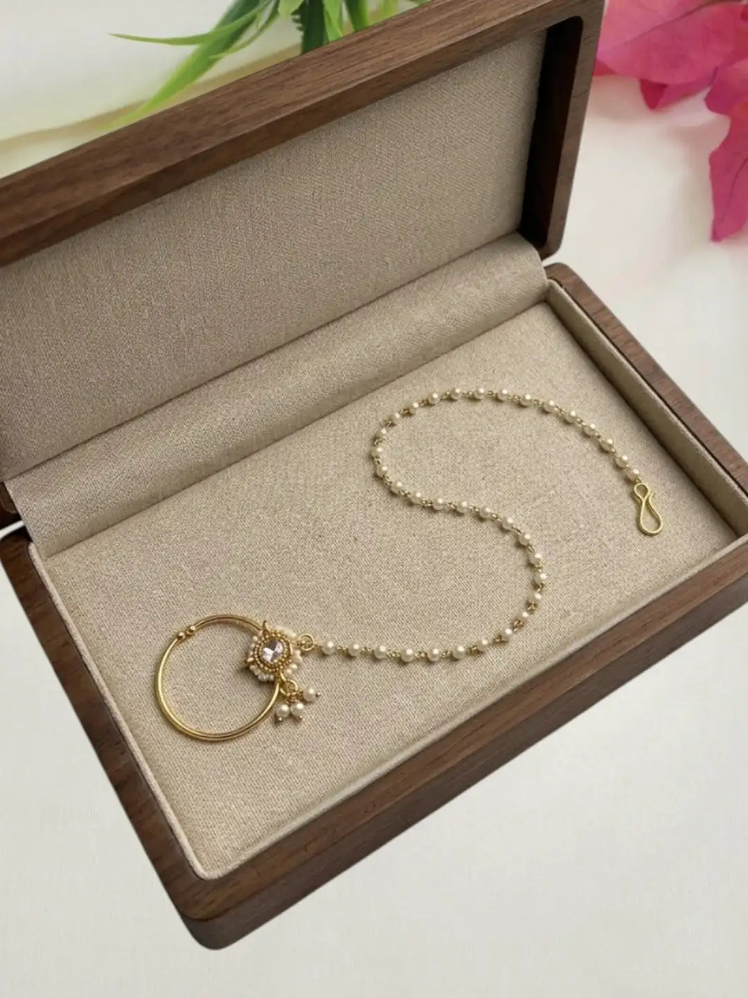 Gold Plated Beaded Pressing Nose Ring With Chain