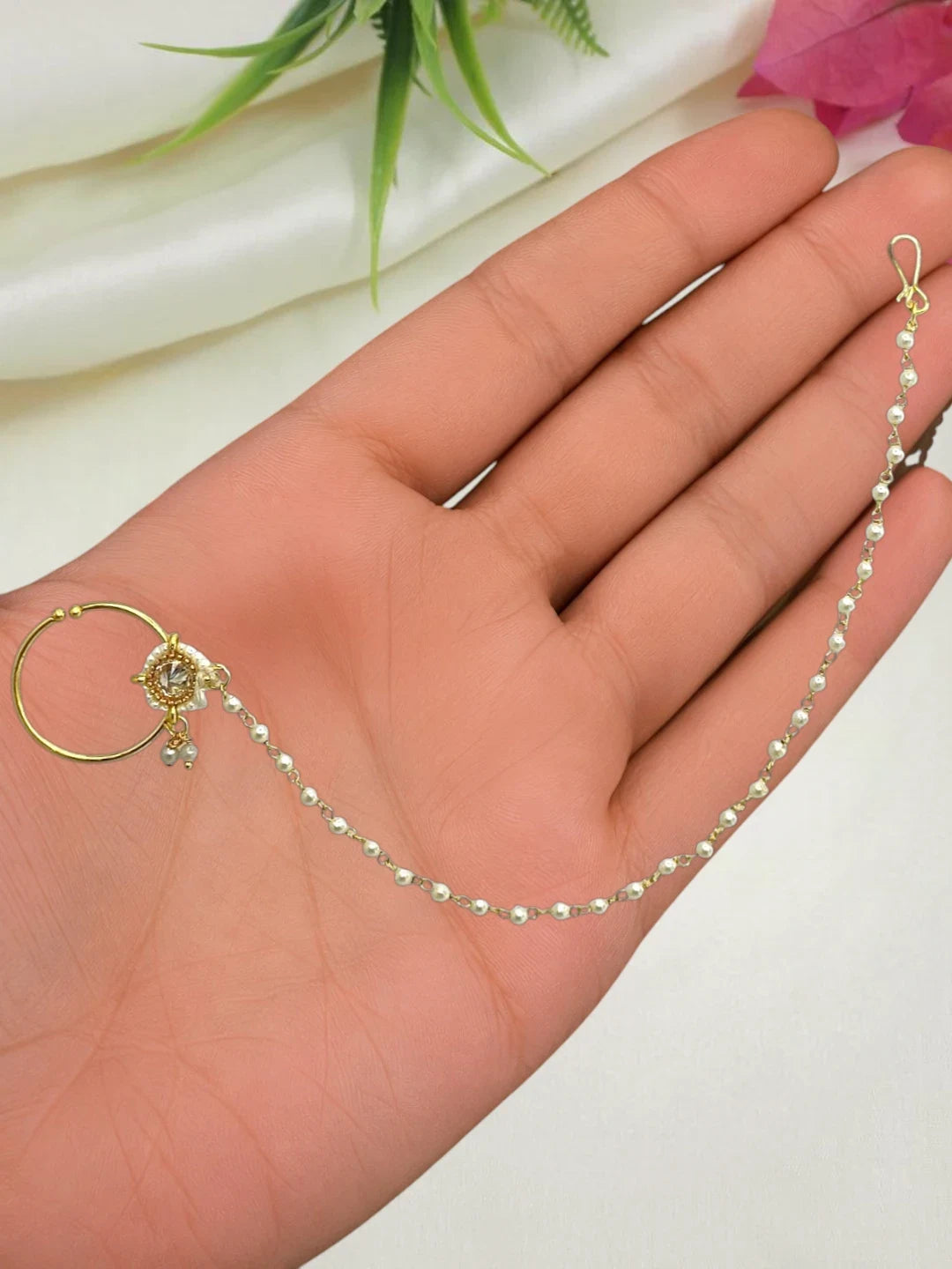 Gold Plated Beaded Pressing Nose Ring With Chain