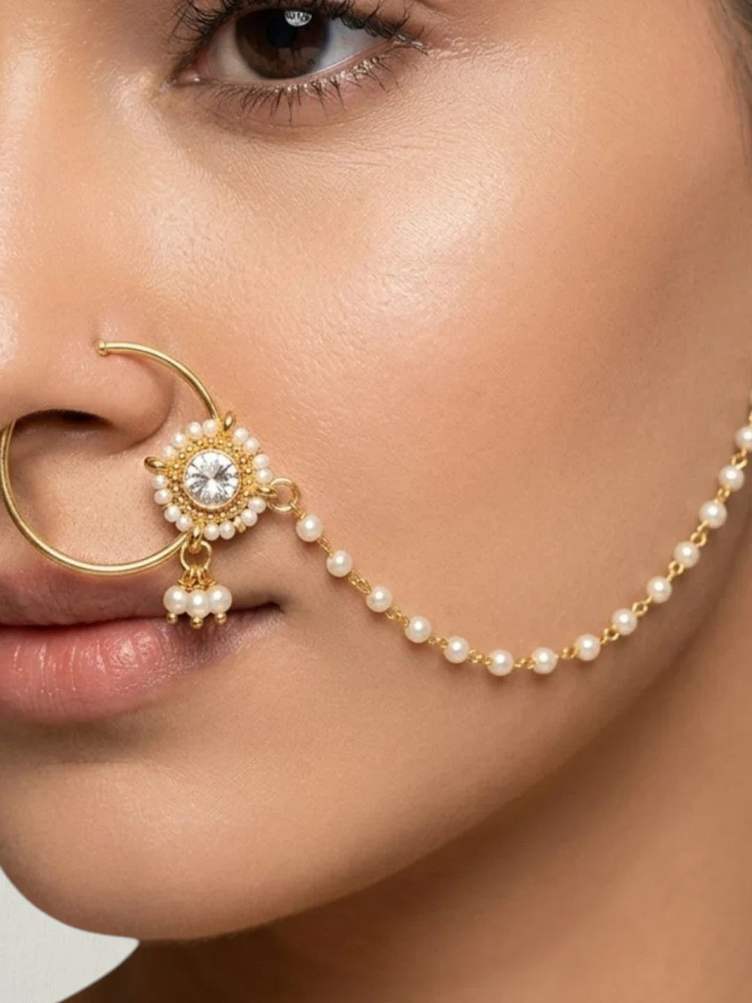 Gold Plated Beaded Pressing Nose Ring With Chain