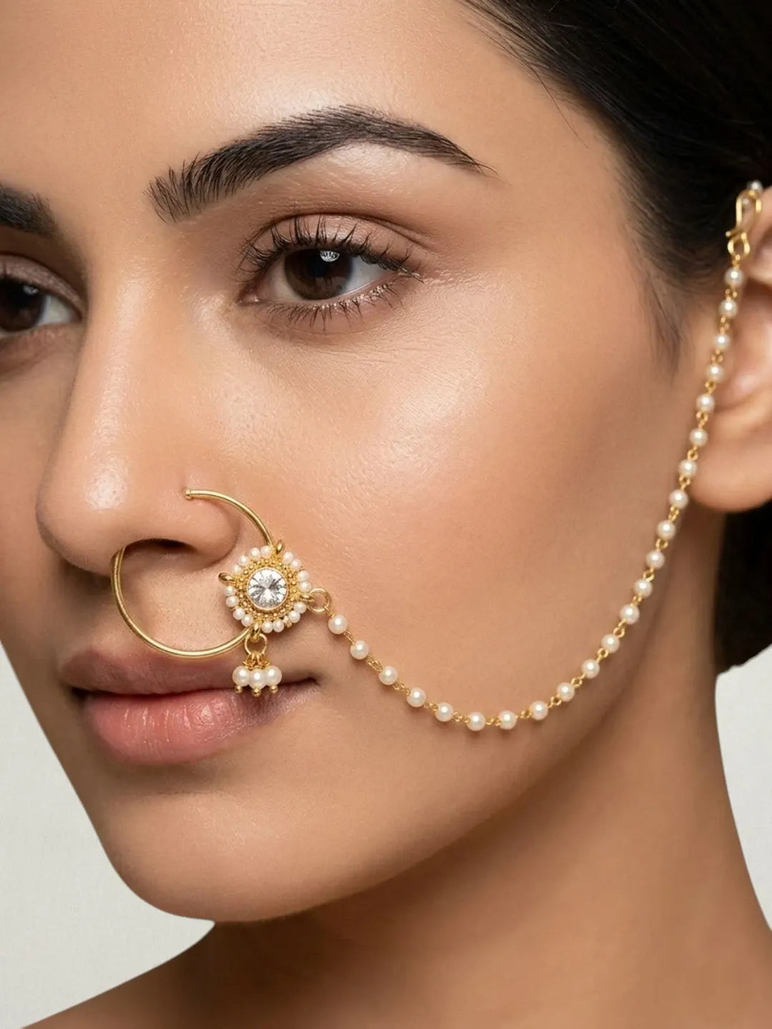 Gold Plated Beaded Pressing Nose Ring With Chain