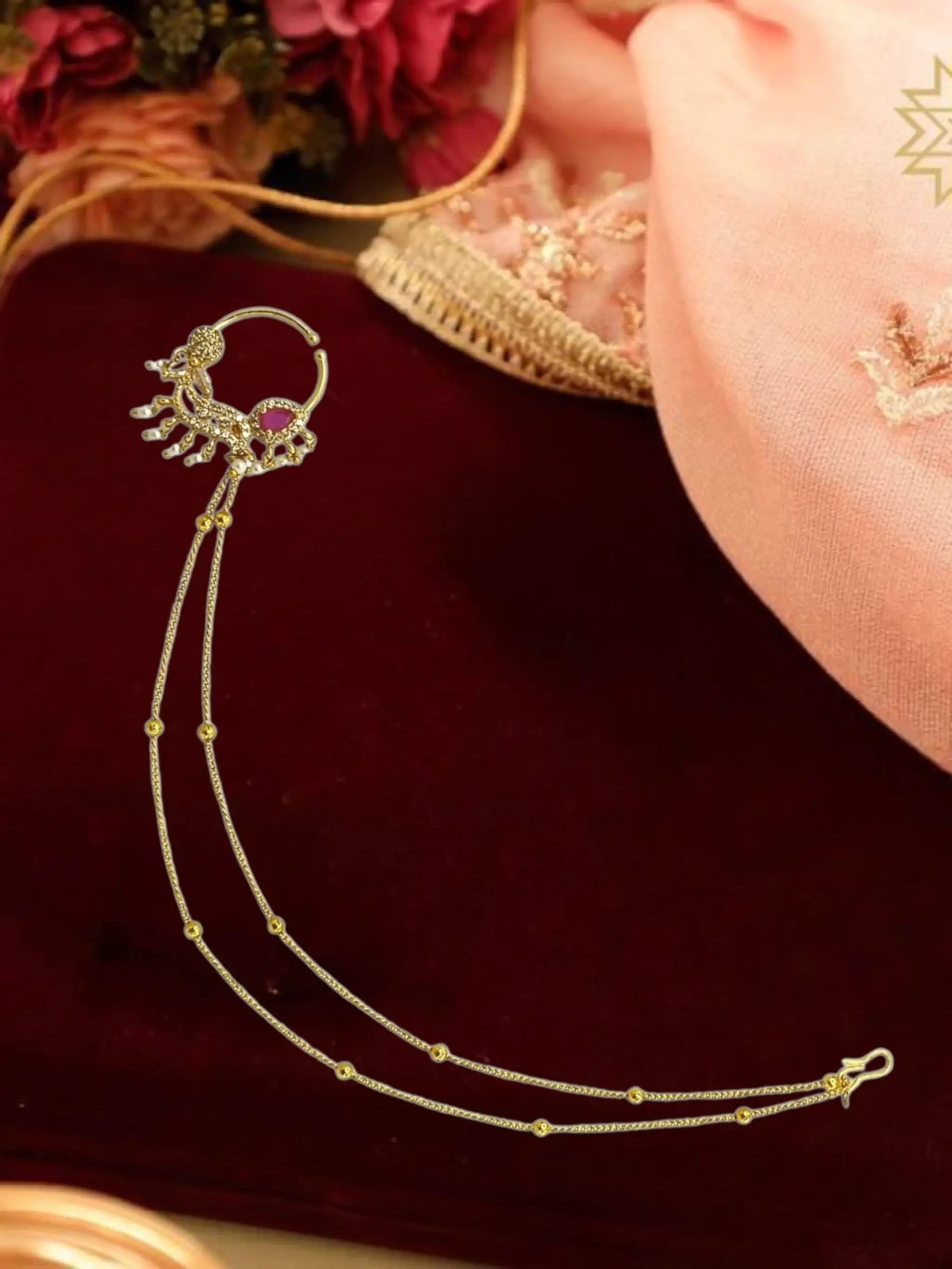 Gold Plated Ruby Pink Stone Studded Nose Ring Nathiya