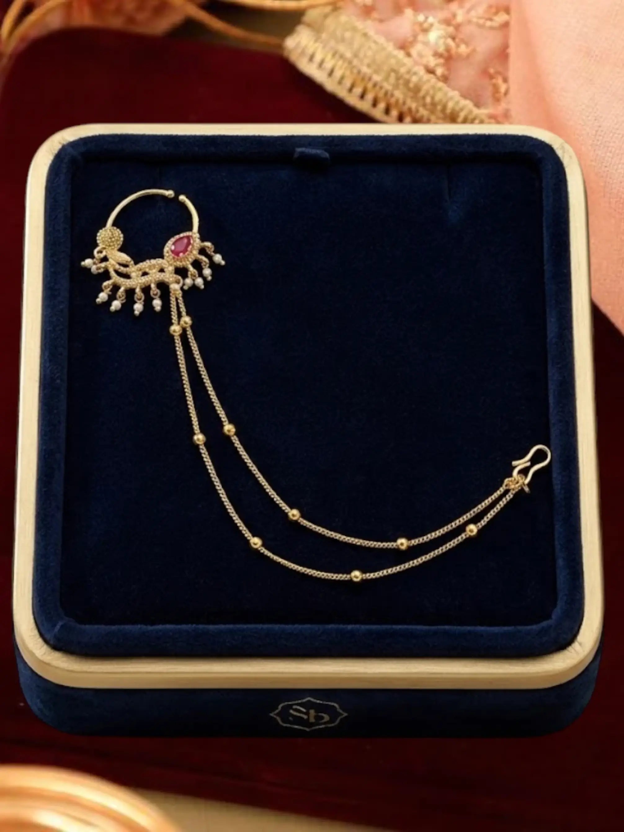Gold Plated Ruby Pink Stone Studded Nose Ring Nathiya