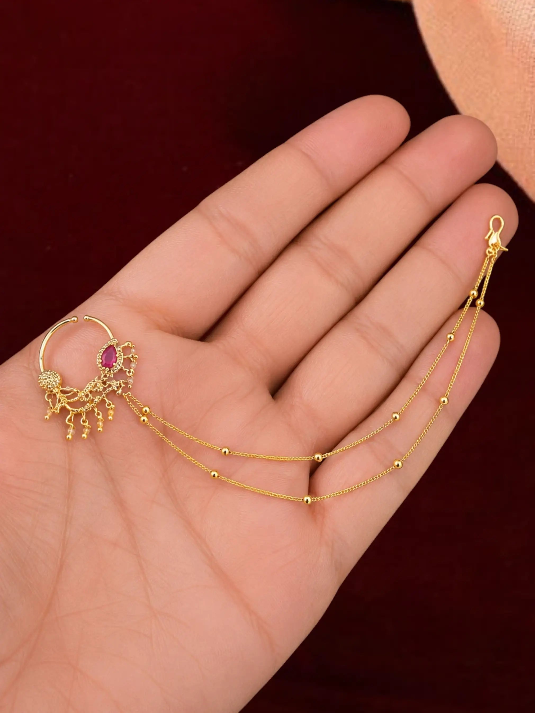Gold Plated Ruby Pink Stone Studded Nose Ring Nathiya