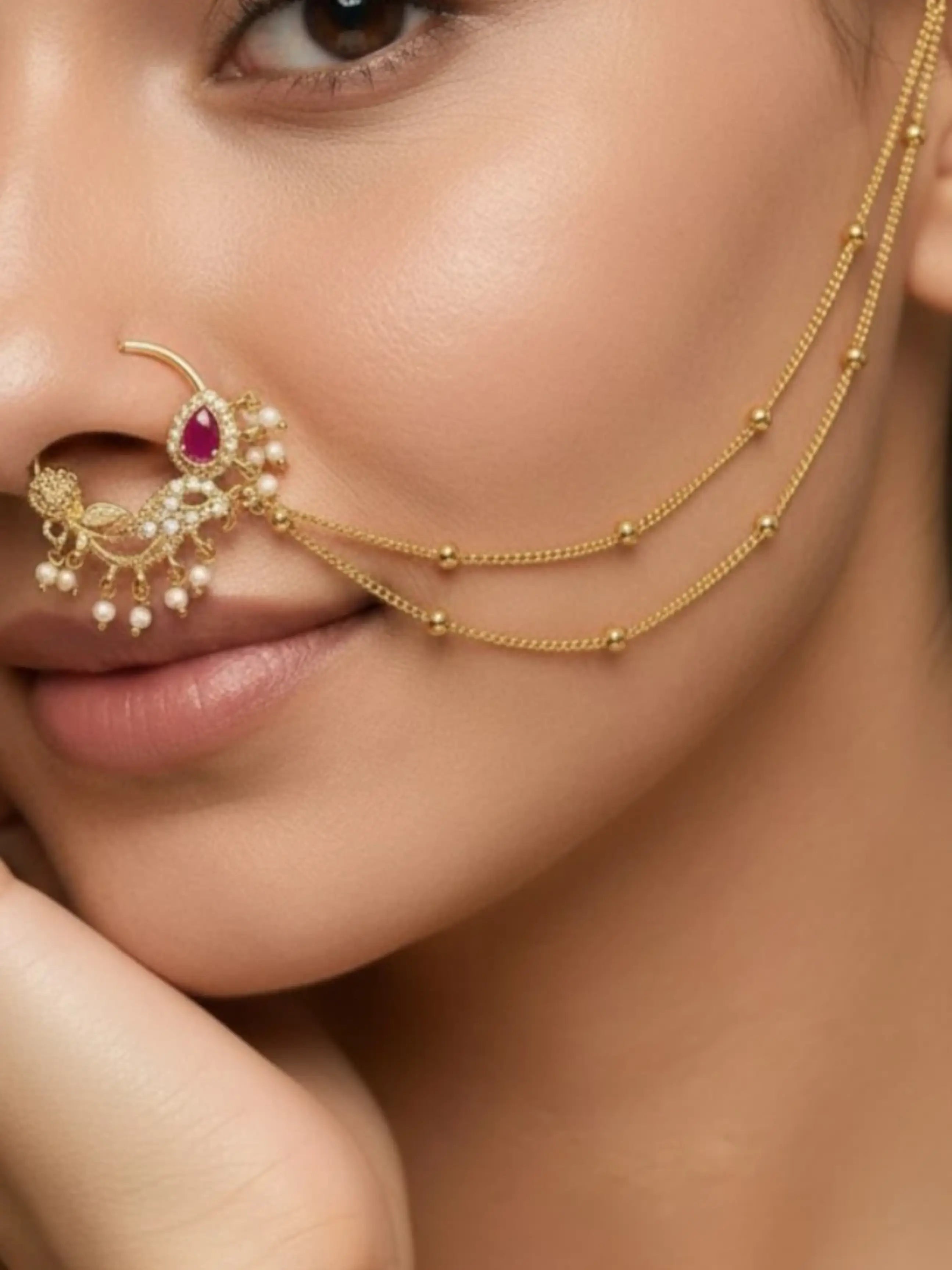 Gold Plated Ruby Pink Stone Studded Nose Ring Nathiya