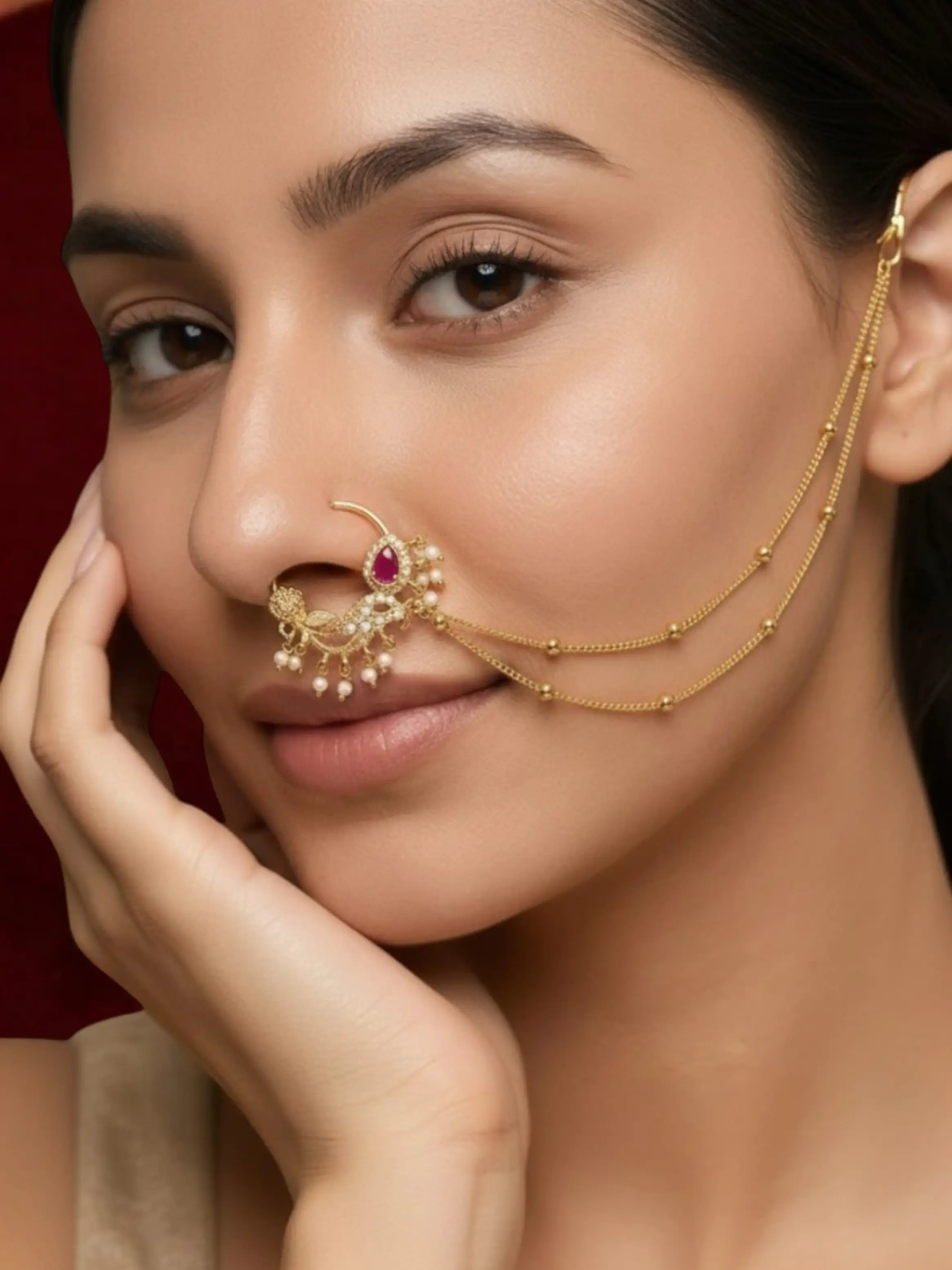 Gold Plated Ruby Pink Stone Studded Nose Ring Nathiya
