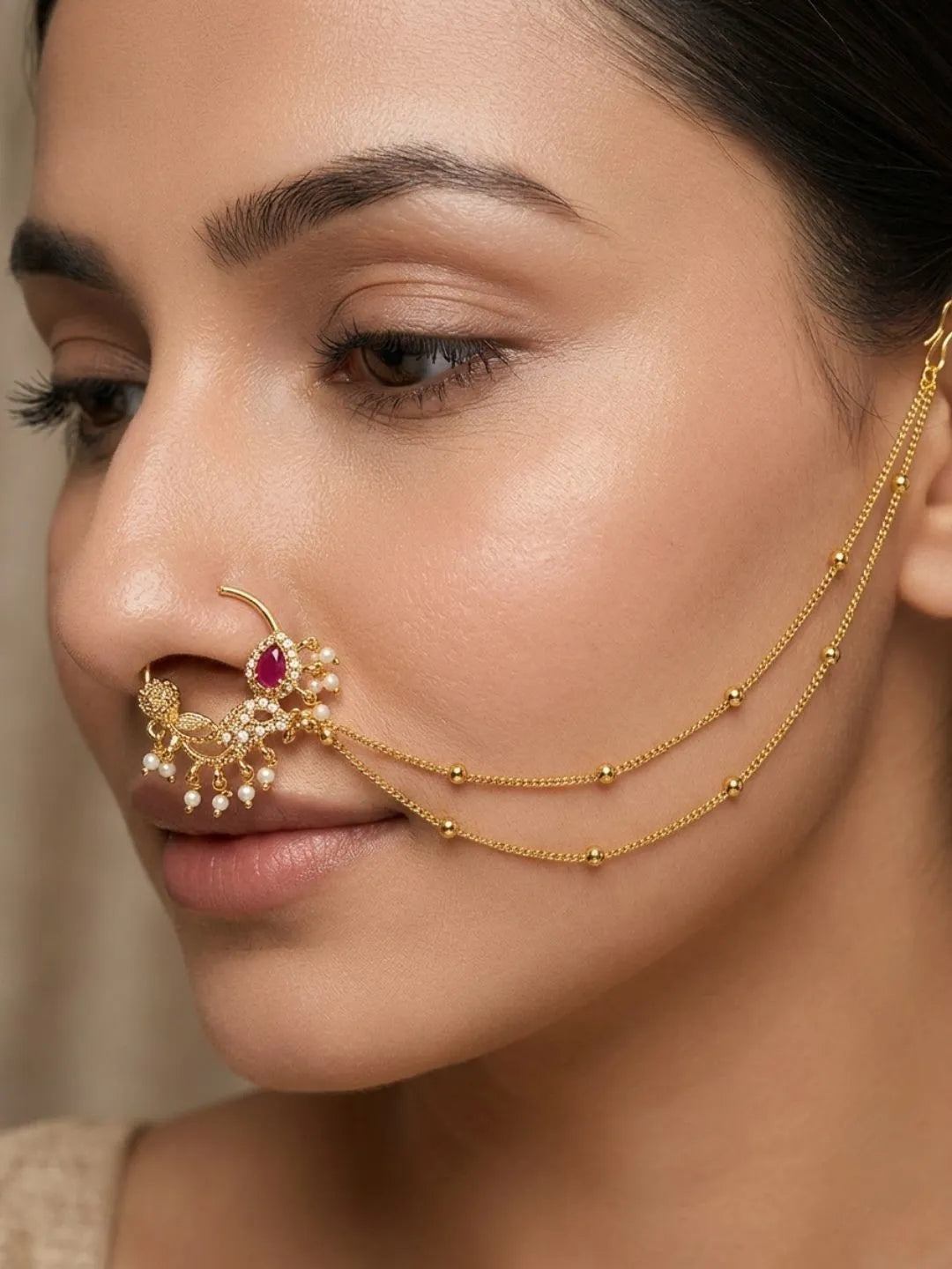 Gold Plated Ruby Pink Stone Studded Nose Ring Nathiya