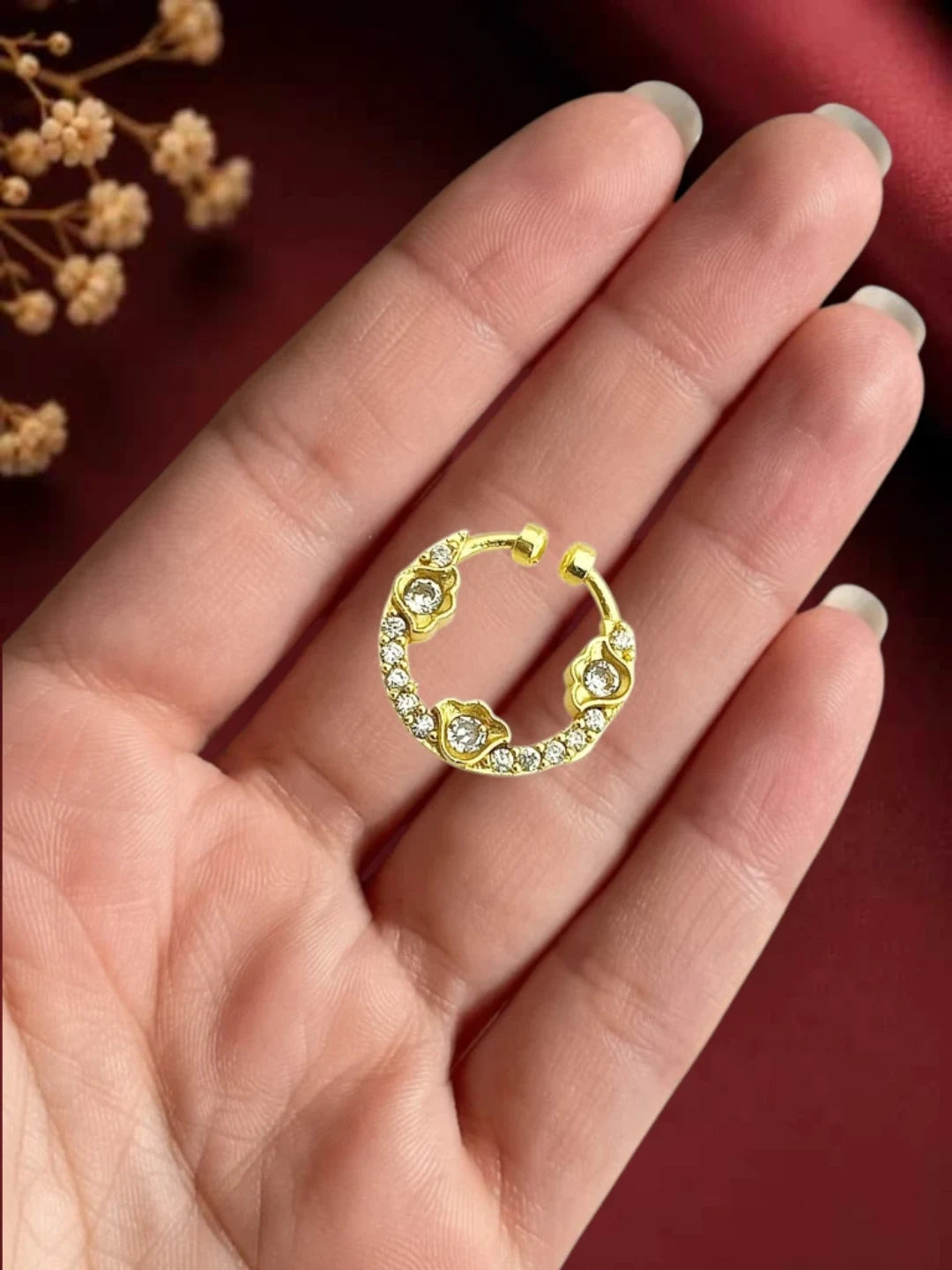 Gold Plated Pink AD Septum Pressing Nose Ring Nath