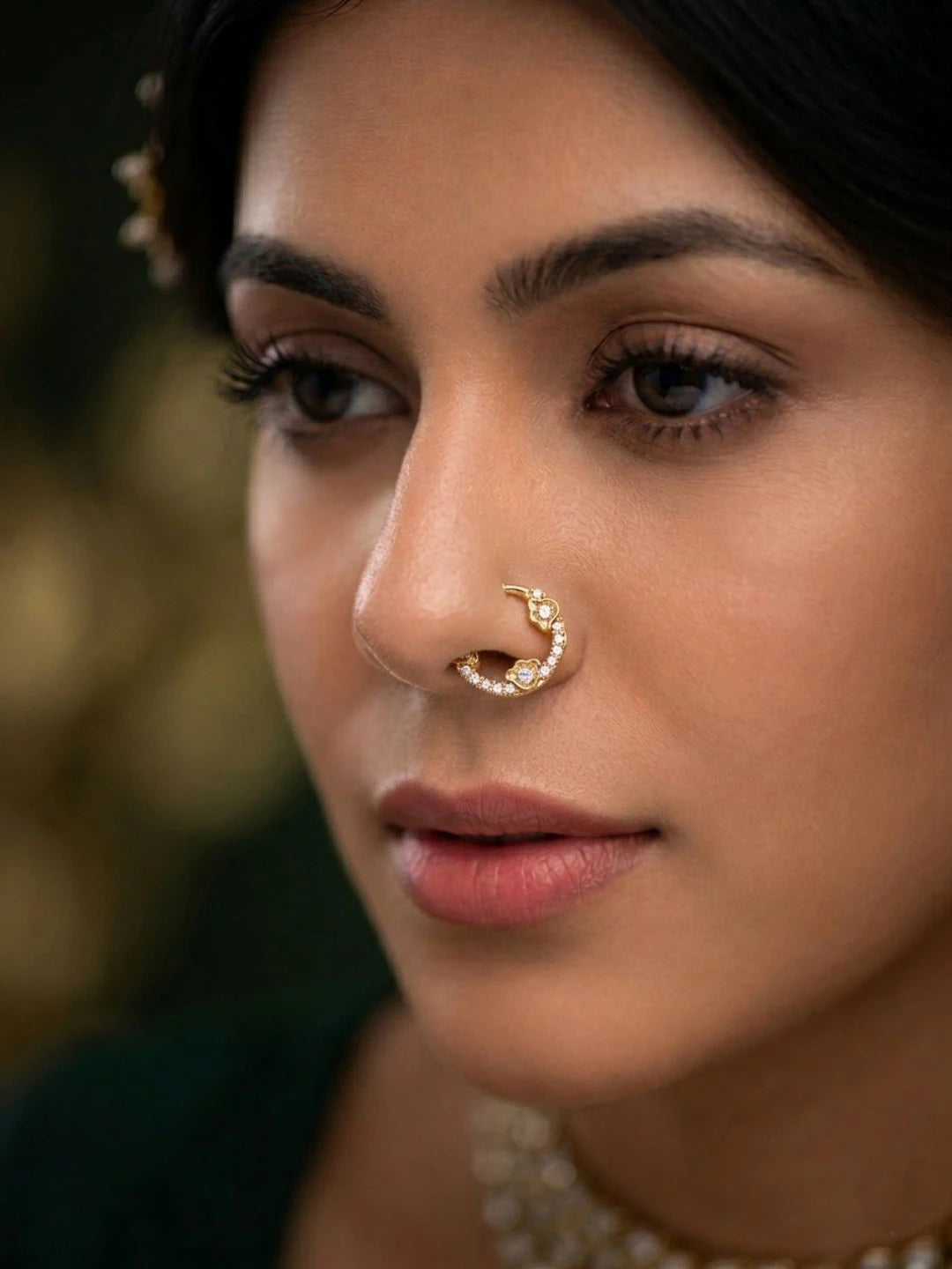 Gold Plated Pink AD Septum Pressing Nose Ring Nath