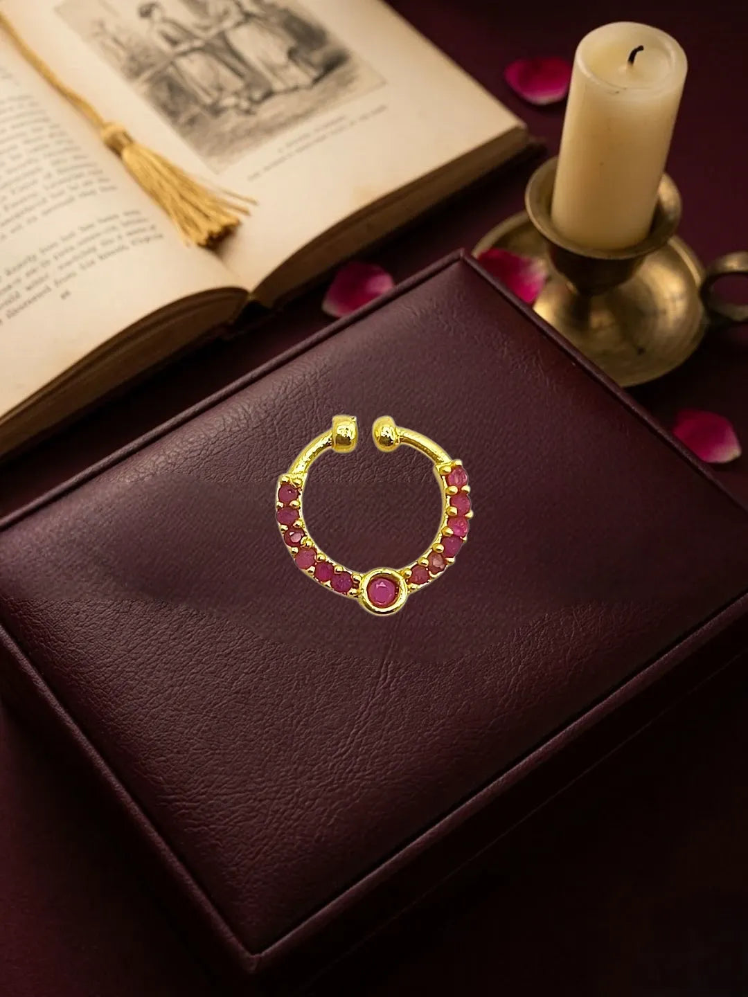 Gold Plated Ruby Stone Studded Traditional Half Hoop Nose Ring