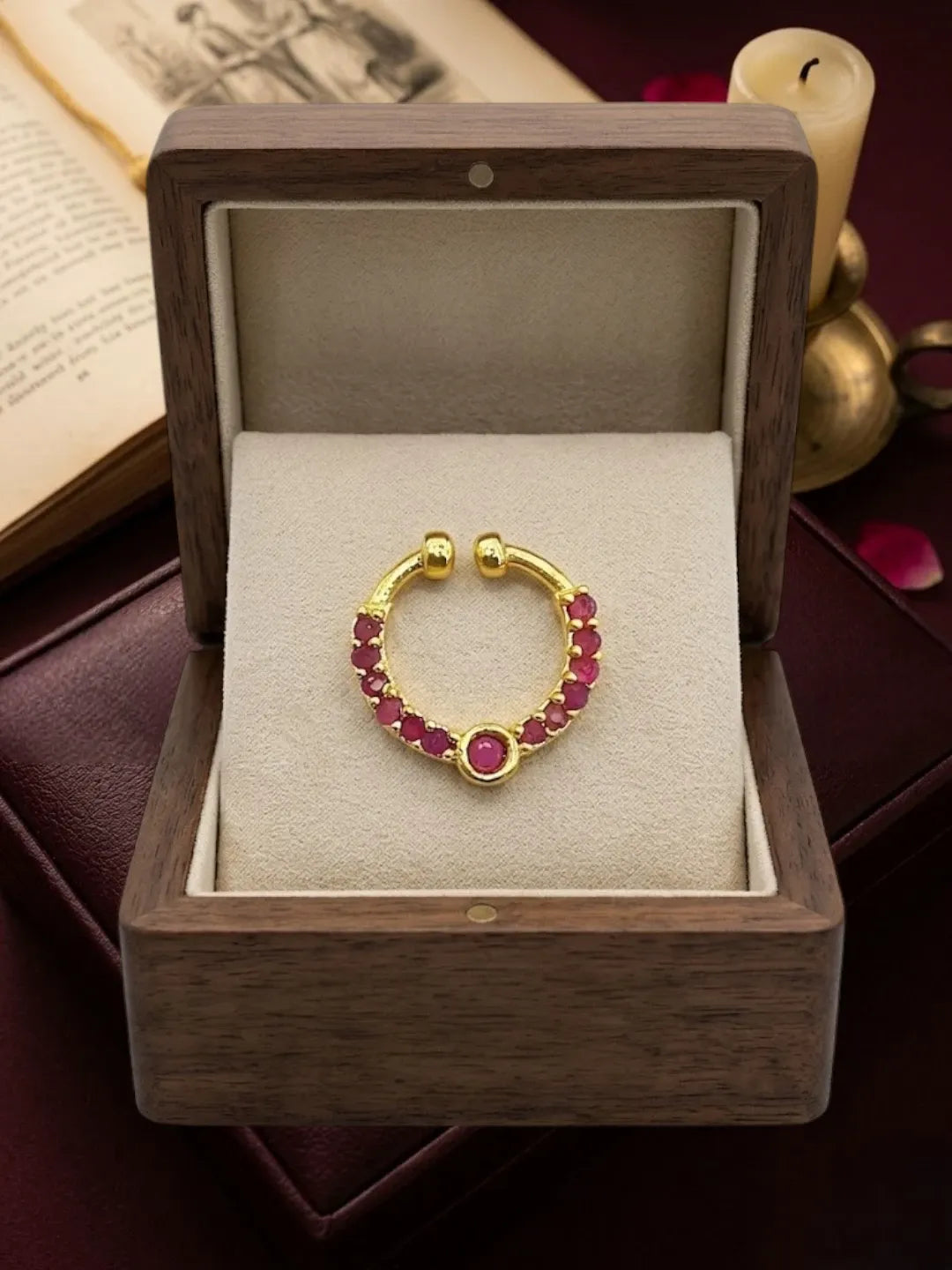 Gold Plated Ruby Stone Studded Traditional Half Hoop Nose Ring