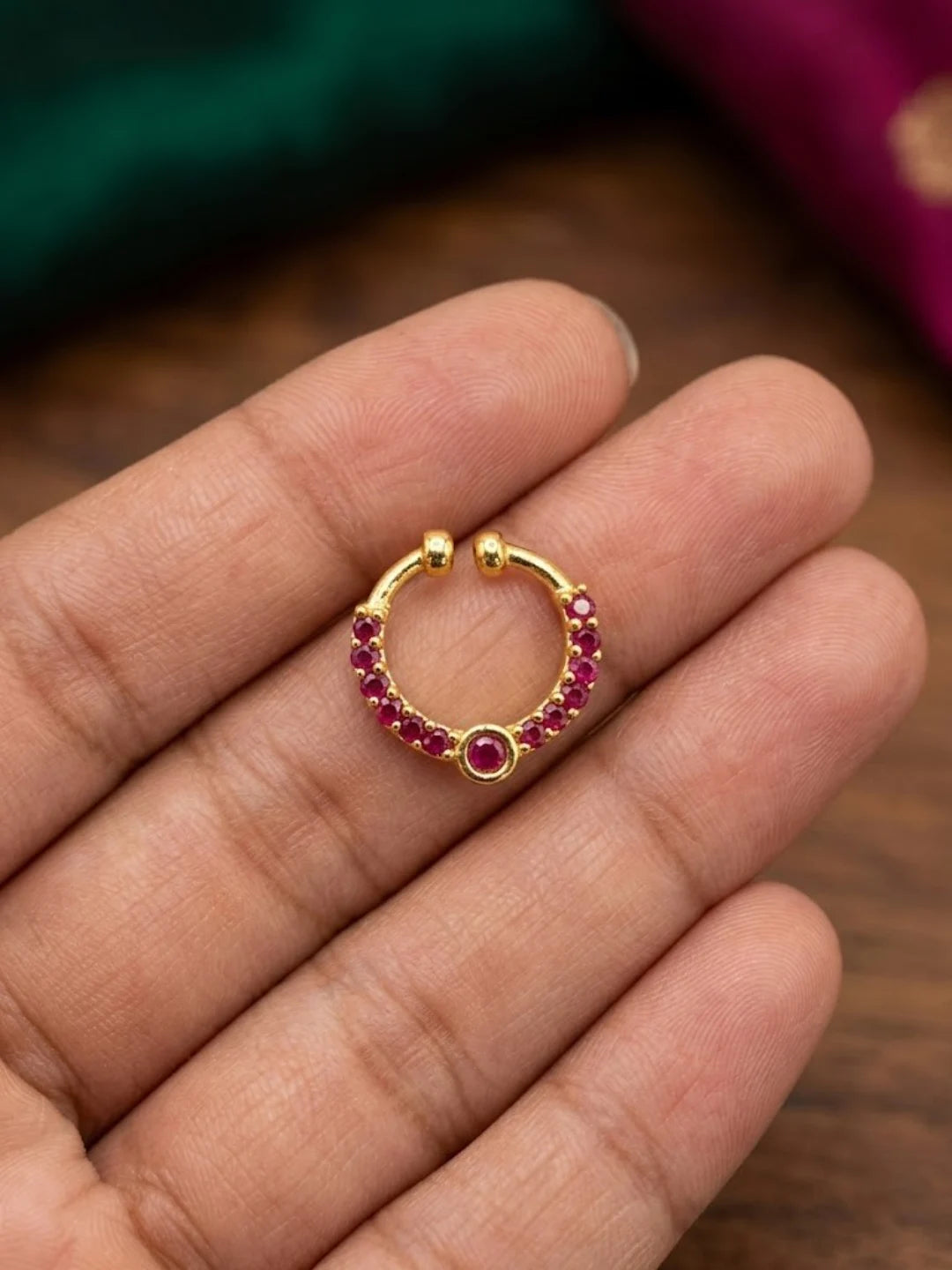 Gold Plated Ruby Stone Studded Traditional Half Hoop Nose Ring