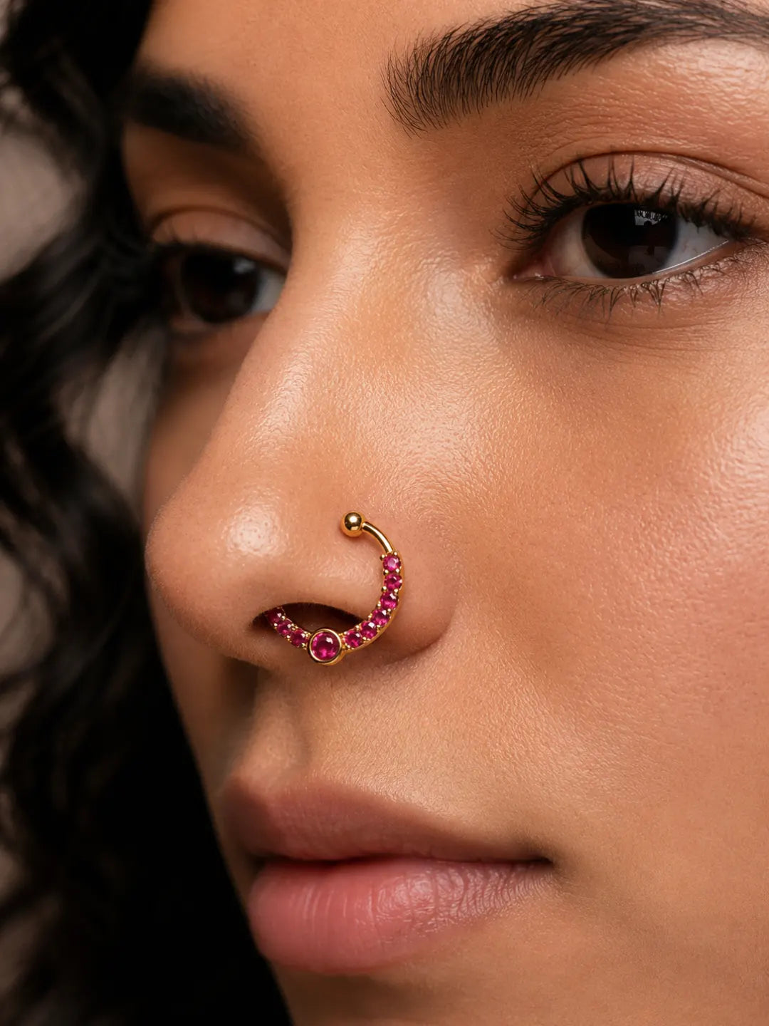 Gold Plated Ruby Stone Studded Traditional Half Hoop Nose Ring