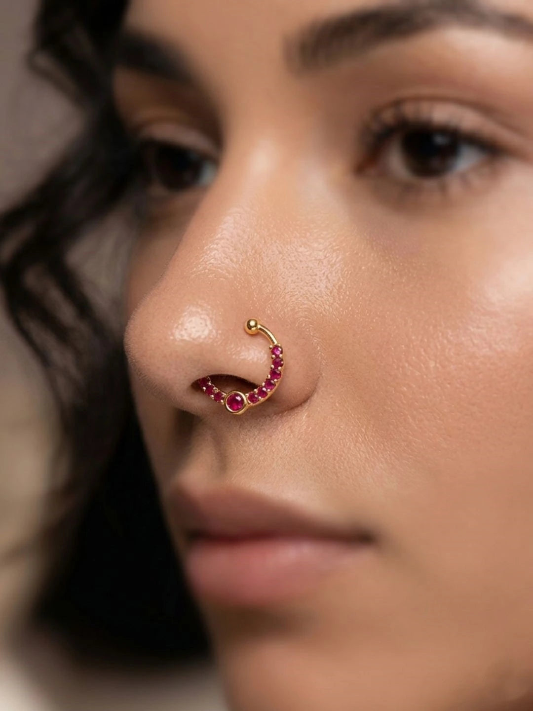 Gold Plated Ruby Stone Studded Traditional Half Hoop Nose Ring