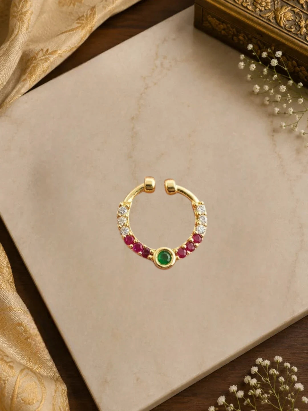 Gold PlatedMulticolor Stone Studded Pressing Nose Ring Nath