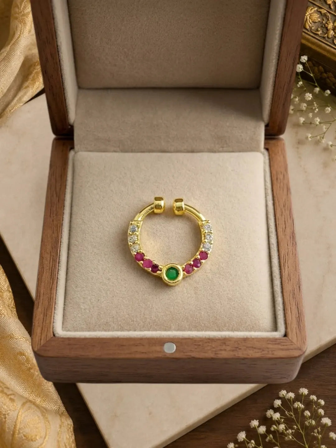 Gold PlatedMulticolor Stone Studded Pressing Nose Ring Nath