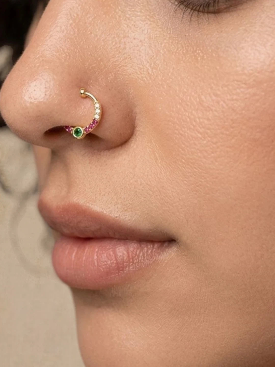 Gold PlatedMulticolor Stone Studded Pressing Nose Ring Nath