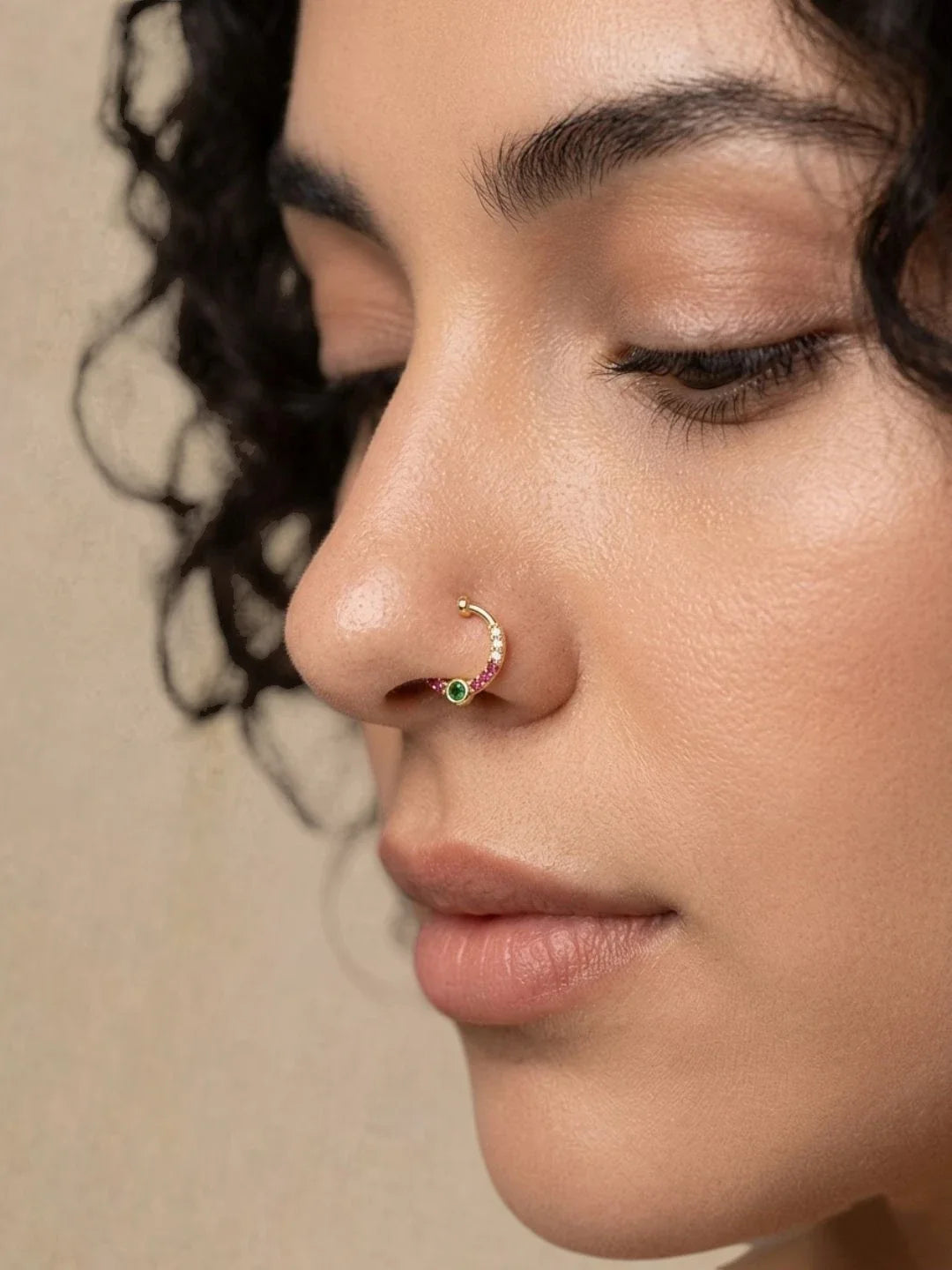 Gold PlatedMulticolor Stone Studded Pressing Nose Ring Nath