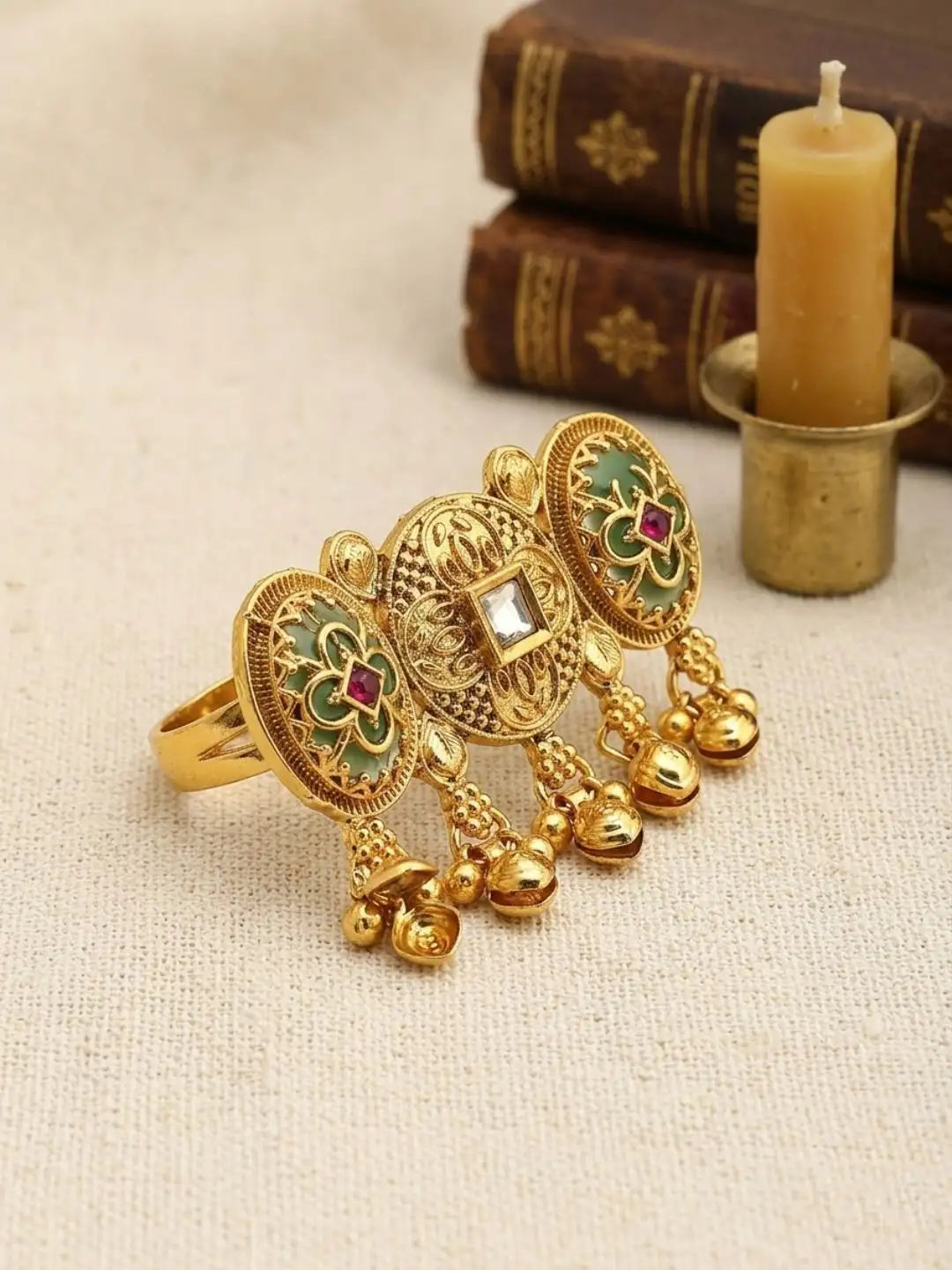 Gold Plated Kundan Heritage Meenakari Adjustable Finger Ring