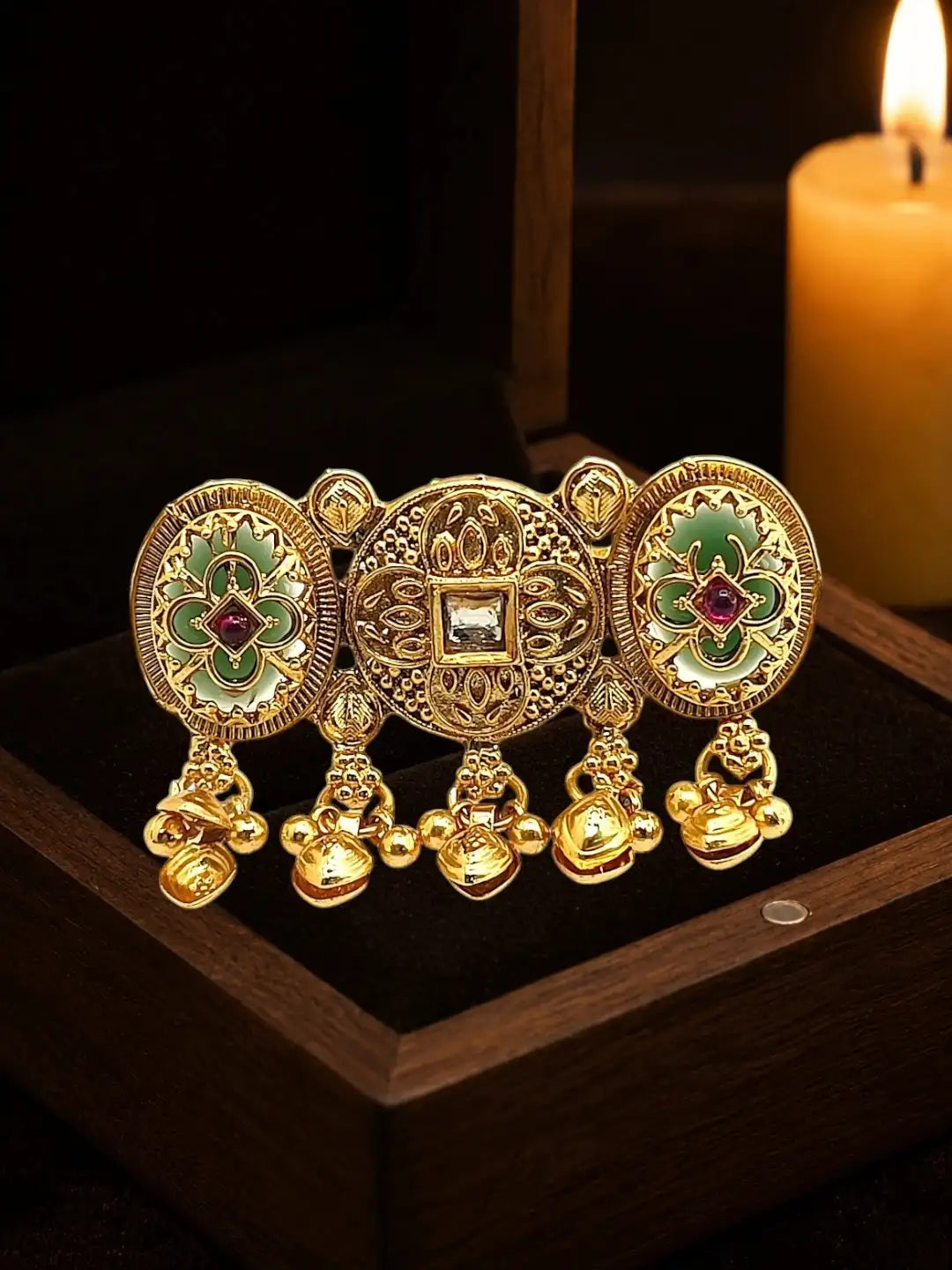 Gold Plated Kundan Heritage Meenakari Adjustable Finger Ring