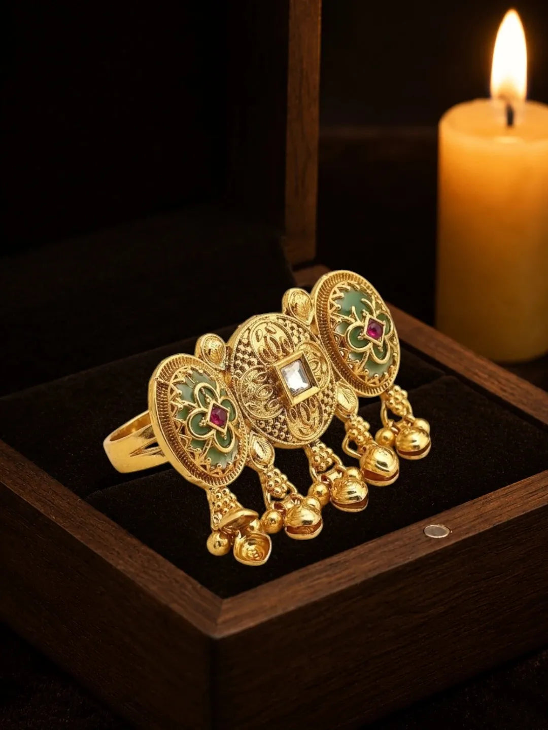 Gold Plated Kundan Heritage Meenakari Adjustable Finger Ring