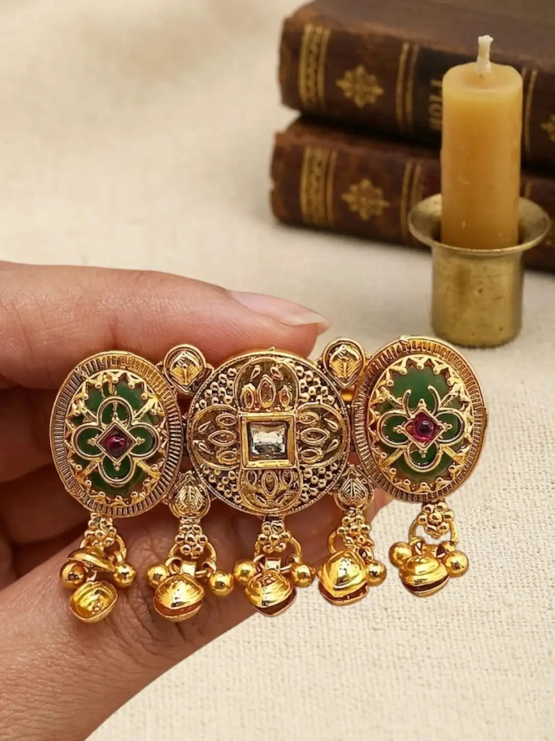 Gold Plated Kundan Heritage Meenakari Adjustable Finger Ring