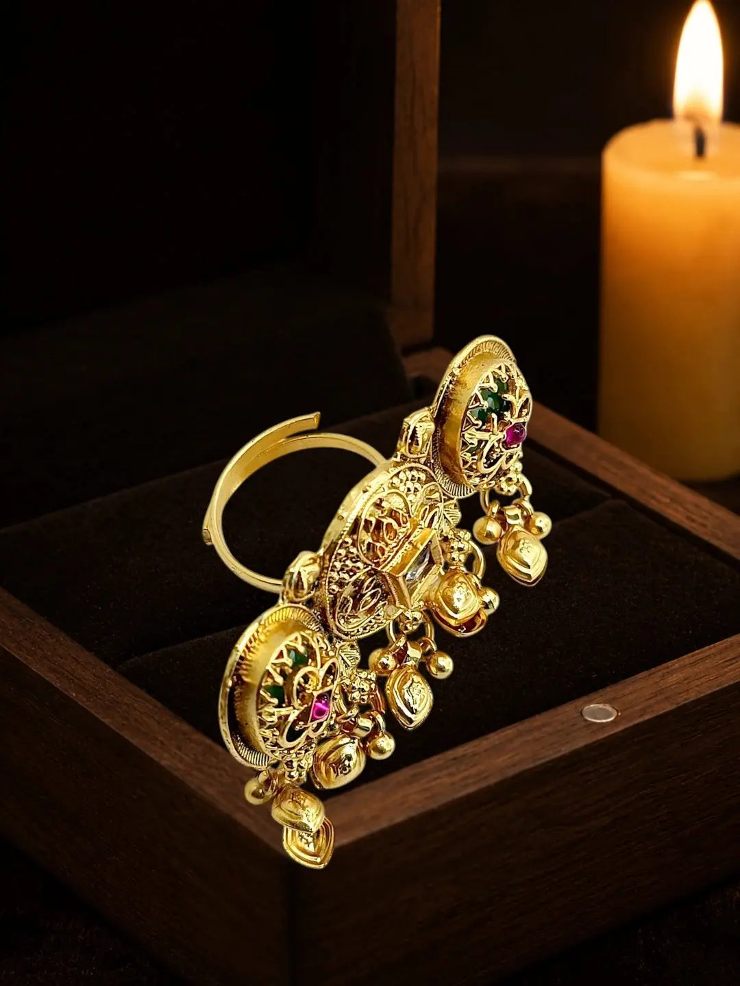 Gold Plated Kundan Heritage Meenakari Adjustable Finger Ring