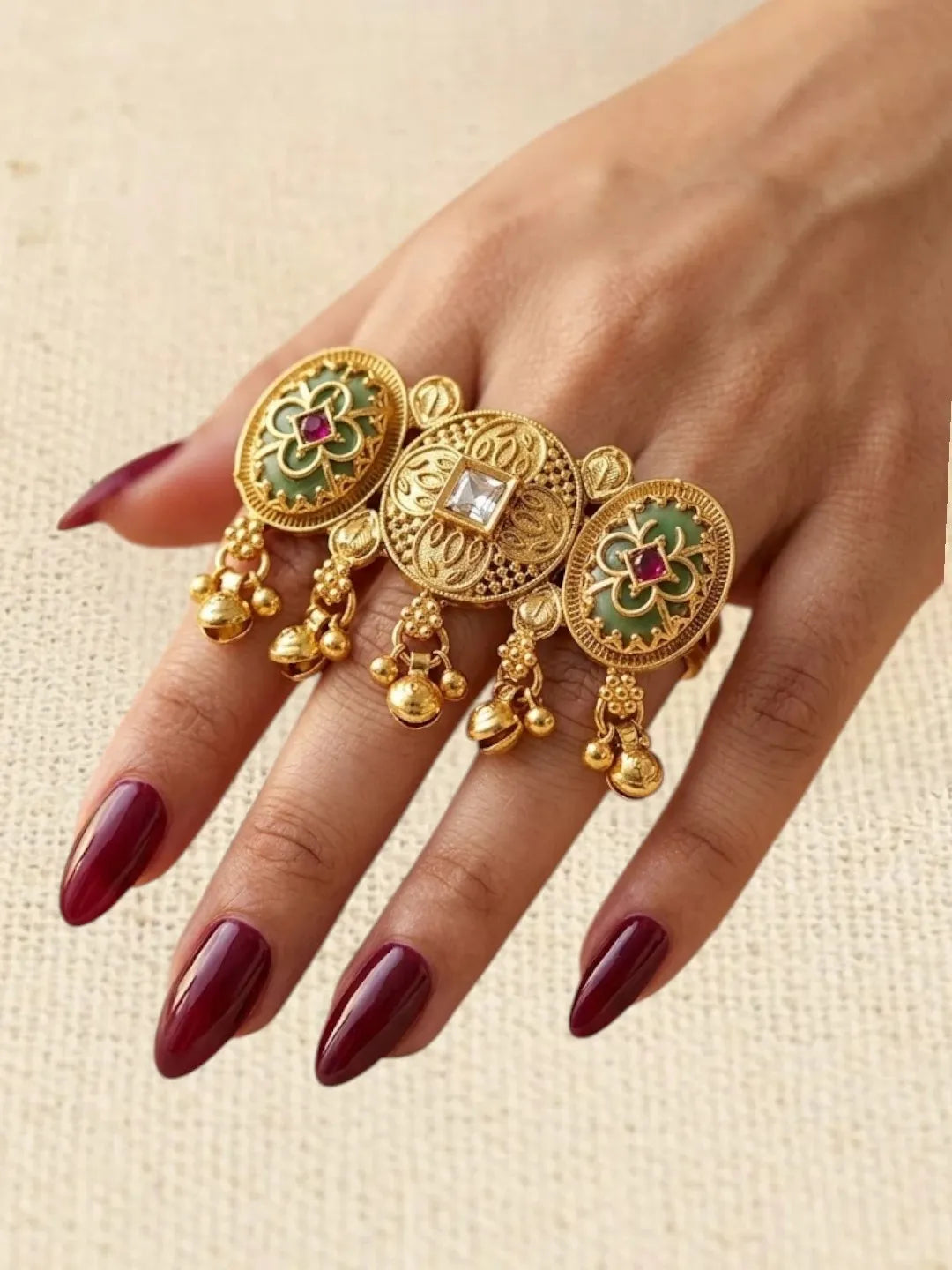 Gold Plated Kundan Heritage Meenakari Adjustable Finger Ring
