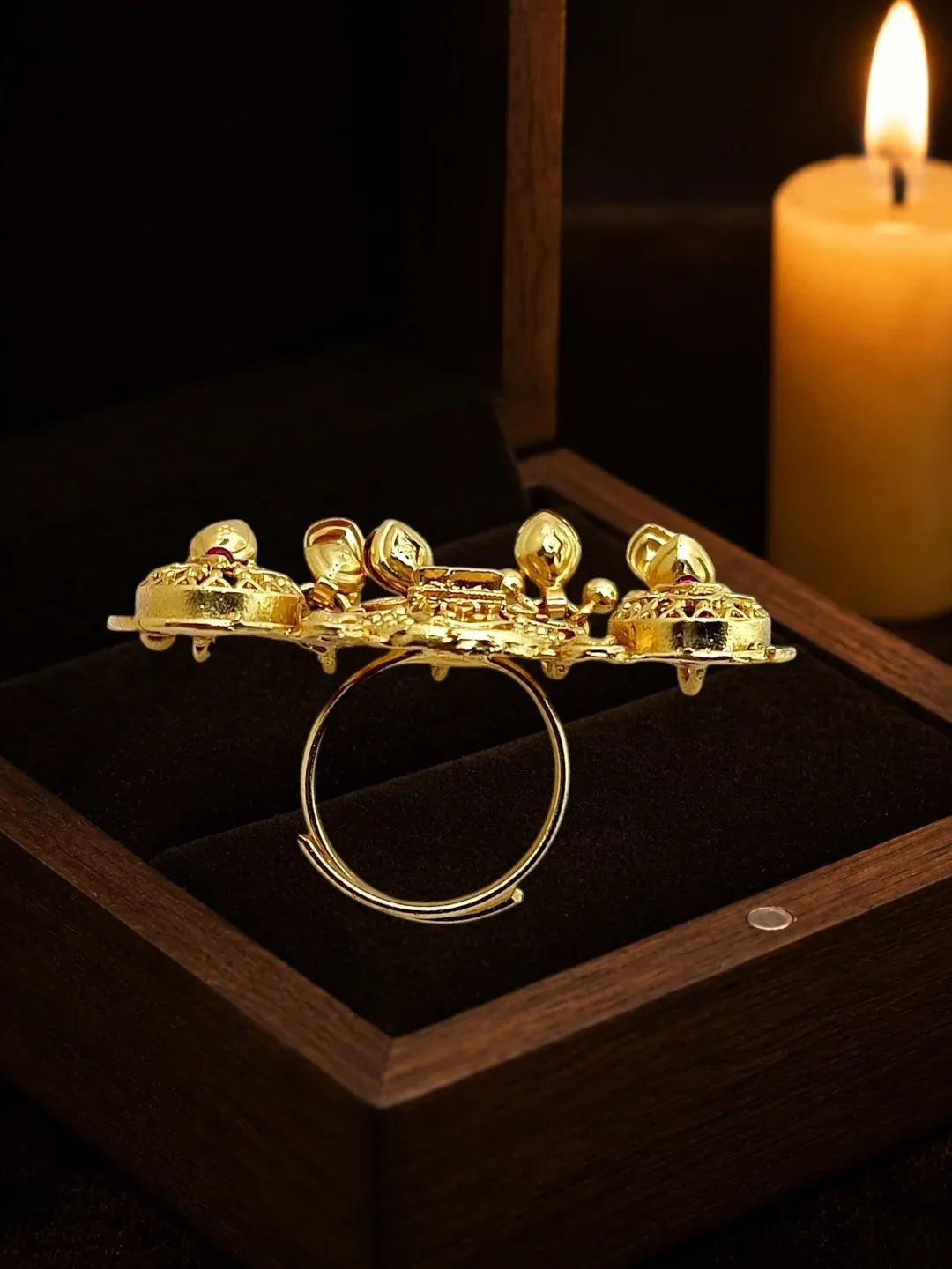 Gold Plated Kundan Heritage Meenakari Adjustable Finger Ring
