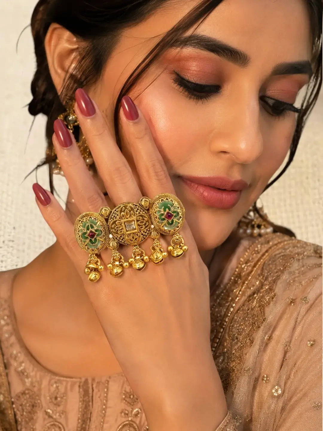 Gold Plated Kundan Heritage Meenakari Adjustable Finger Ring