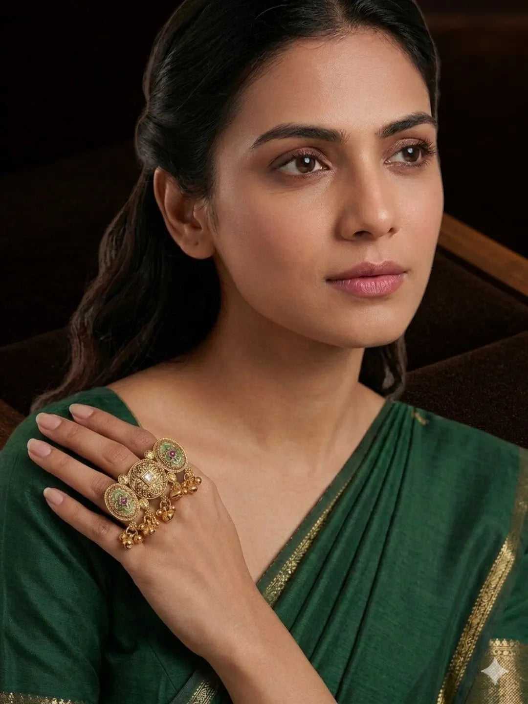 Gold Plated Kundan Heritage Meenakari Adjustable Finger Ring
