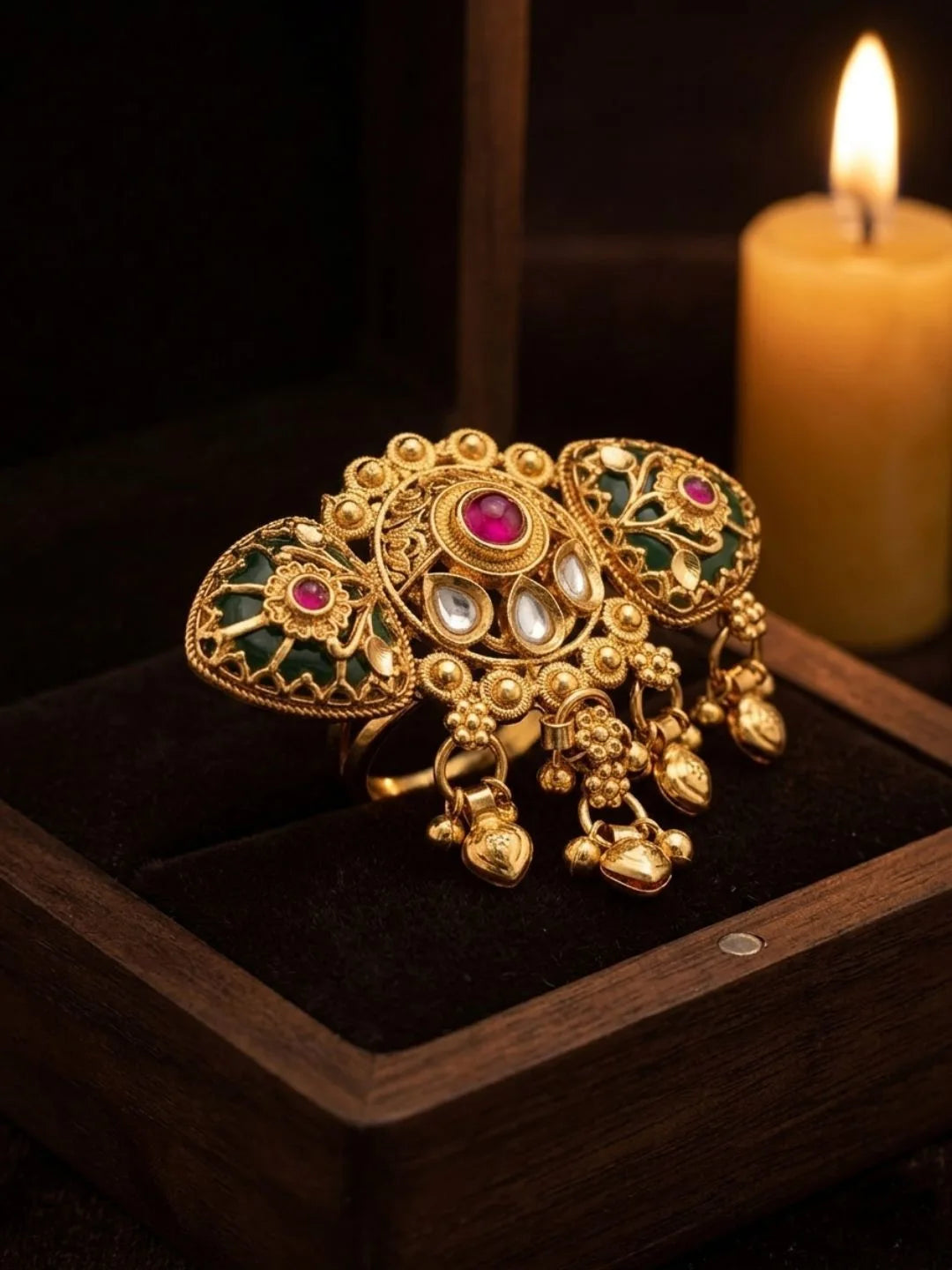 Gold Plated Kundan Heritage Meenakari Adjustables Finger Ring