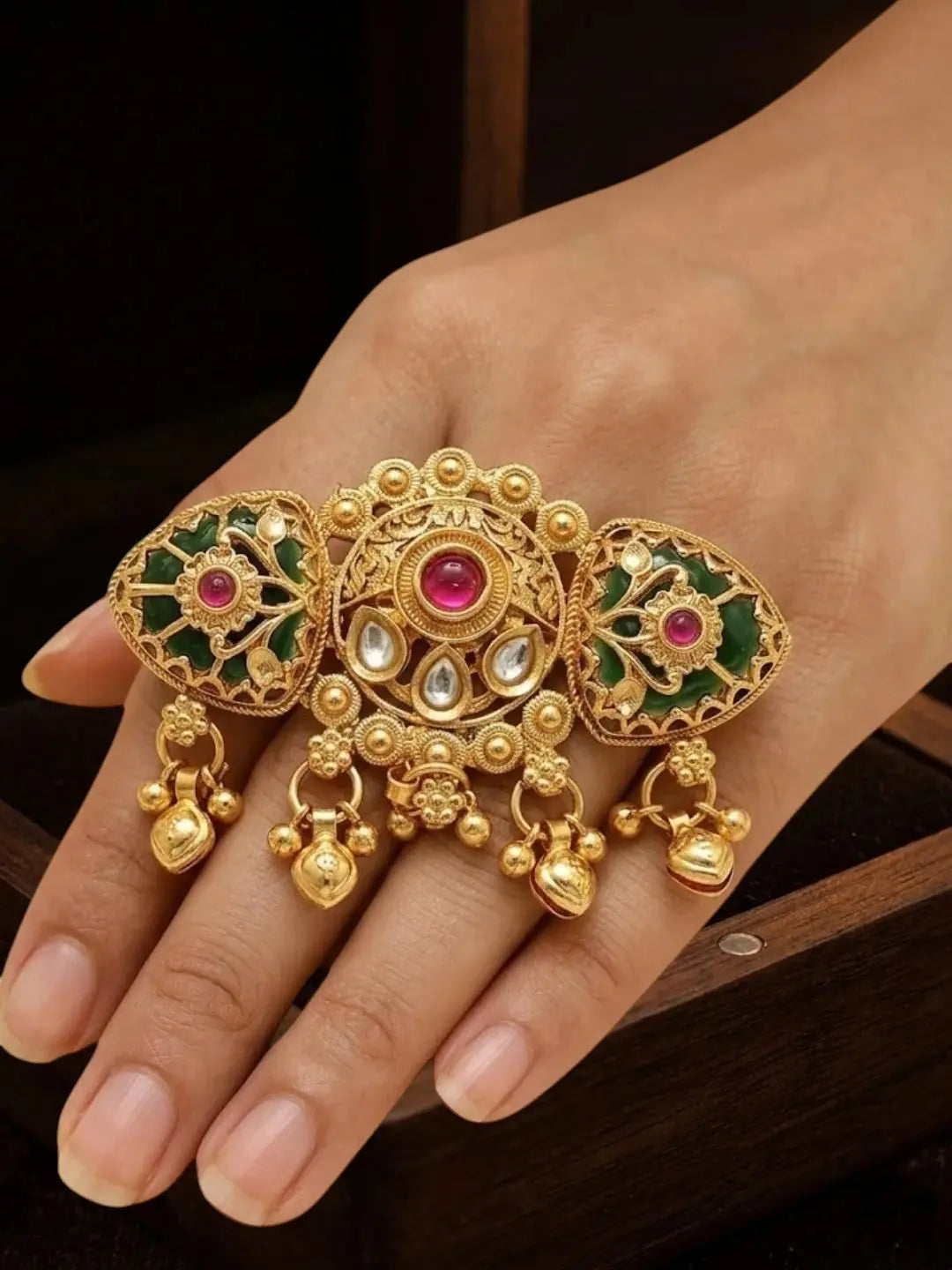 Gold Plated Kundan Heritage Meenakari Adjustables Finger Ring