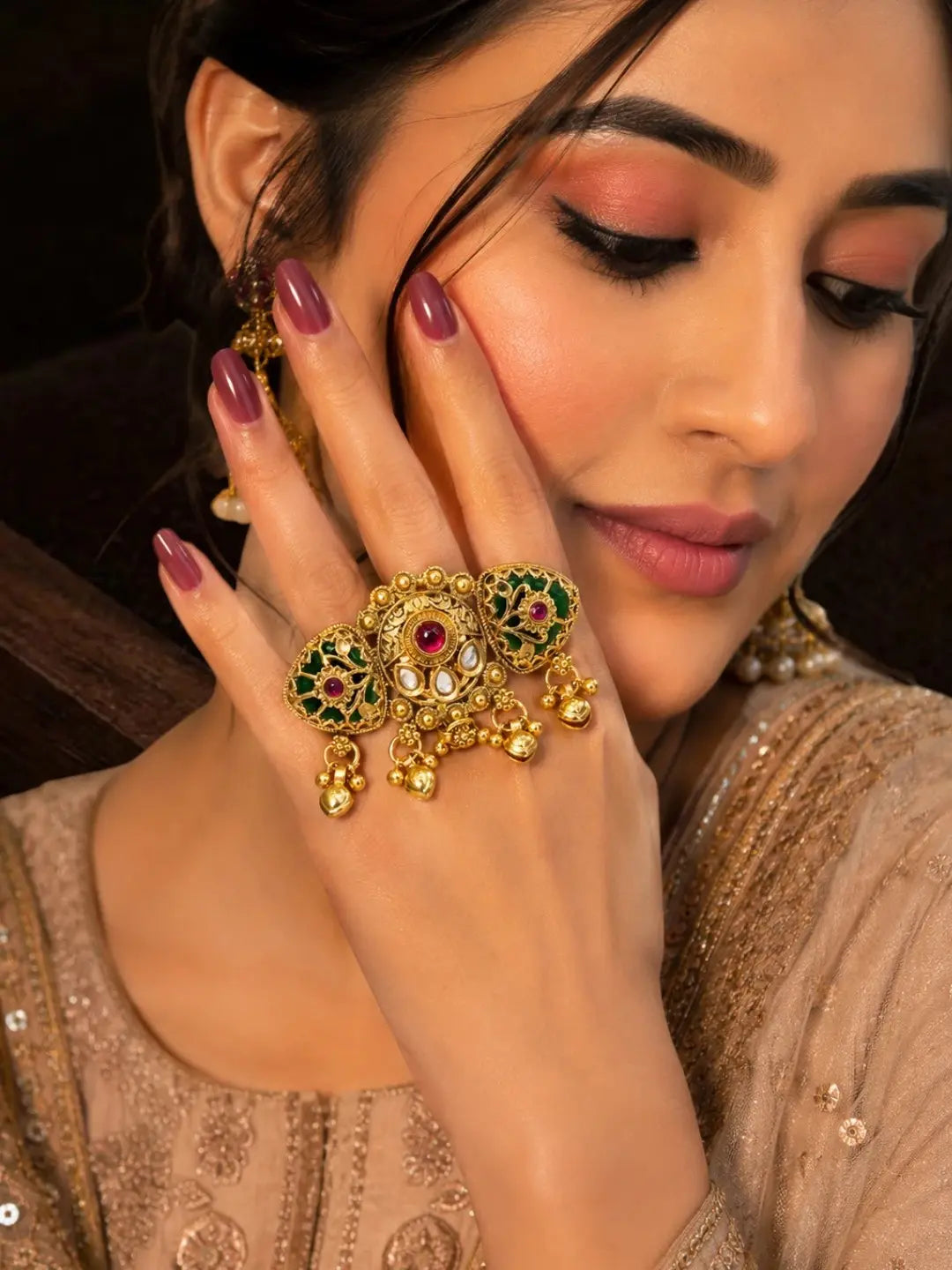 Gold Plated Kundan Heritage Meenakari Adjustables Finger Ring