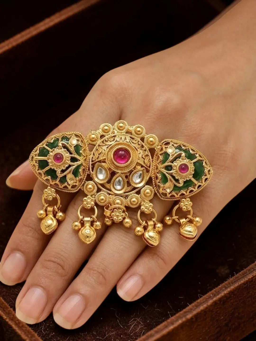 Gold Plated Kundan Heritage Meenakari Adjustables Finger Ring