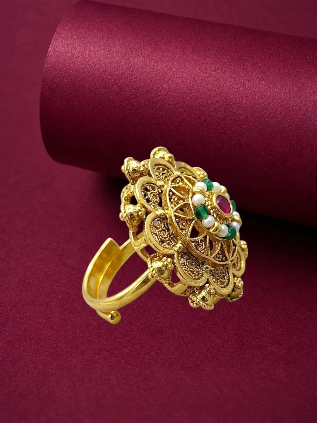 Gold Plated Mandala Floral Adjustable Finger Ring