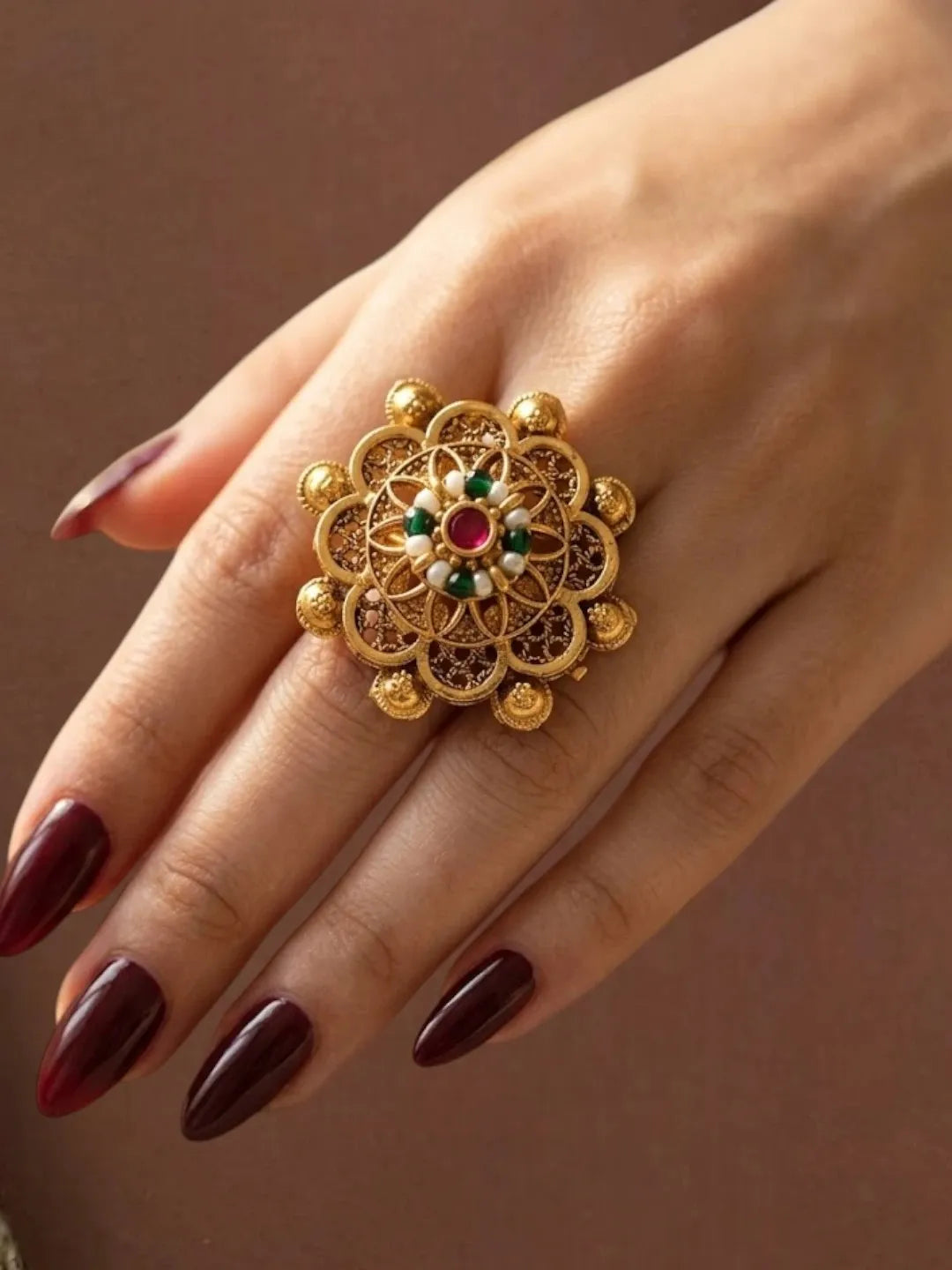 Gold Plated Mandala Floral Adjustable Finger Ring