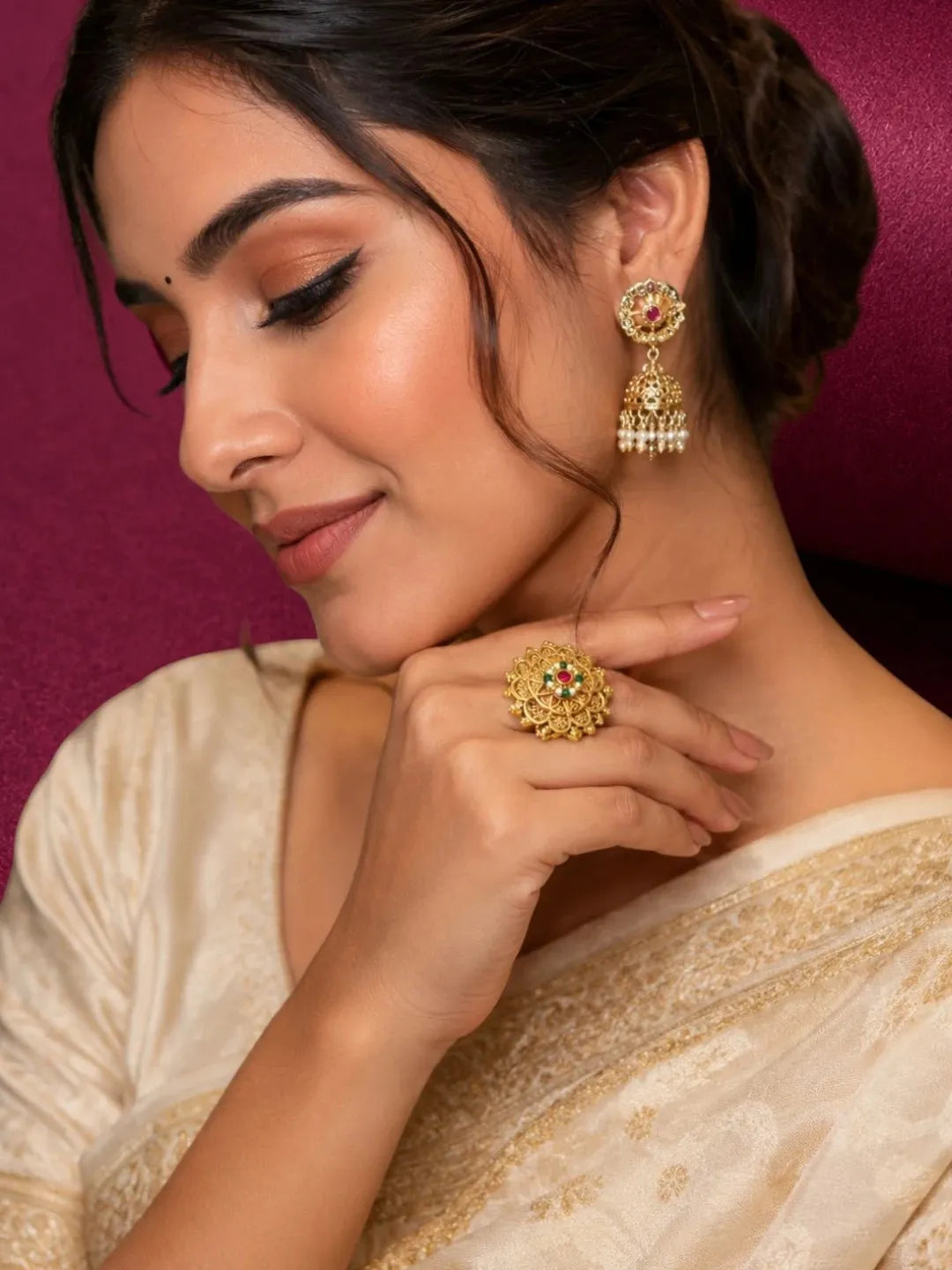 Gold Plated Mandala Floral Adjustable Finger Ring