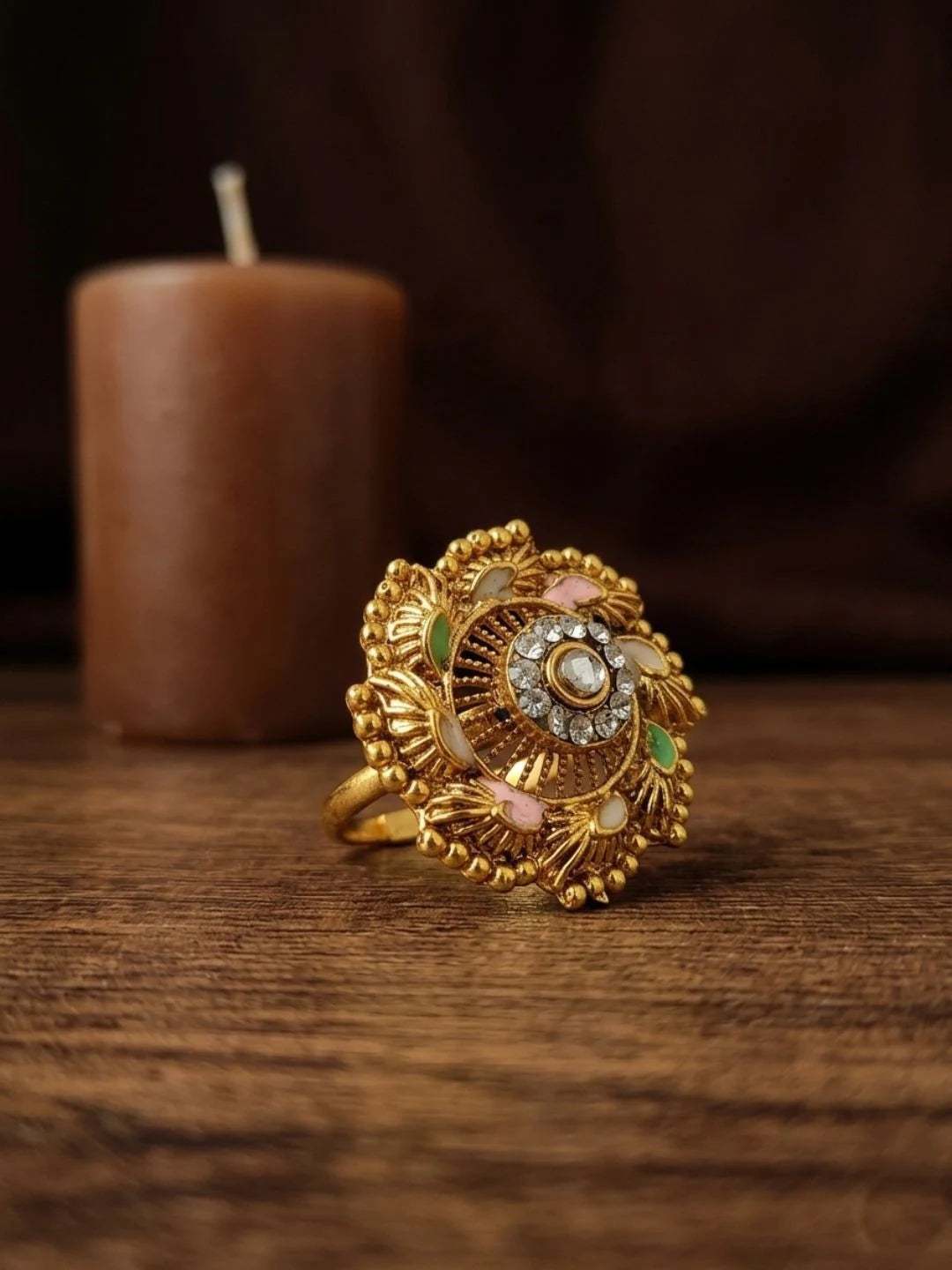 Gold Plated CZ Ennamel Adjustable Finger Ring