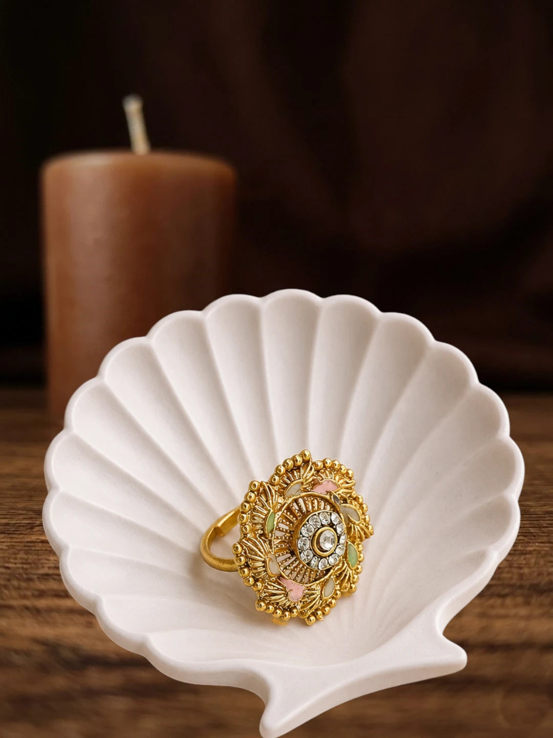 Gold Plated CZ Ennamel Adjustable Finger Ring