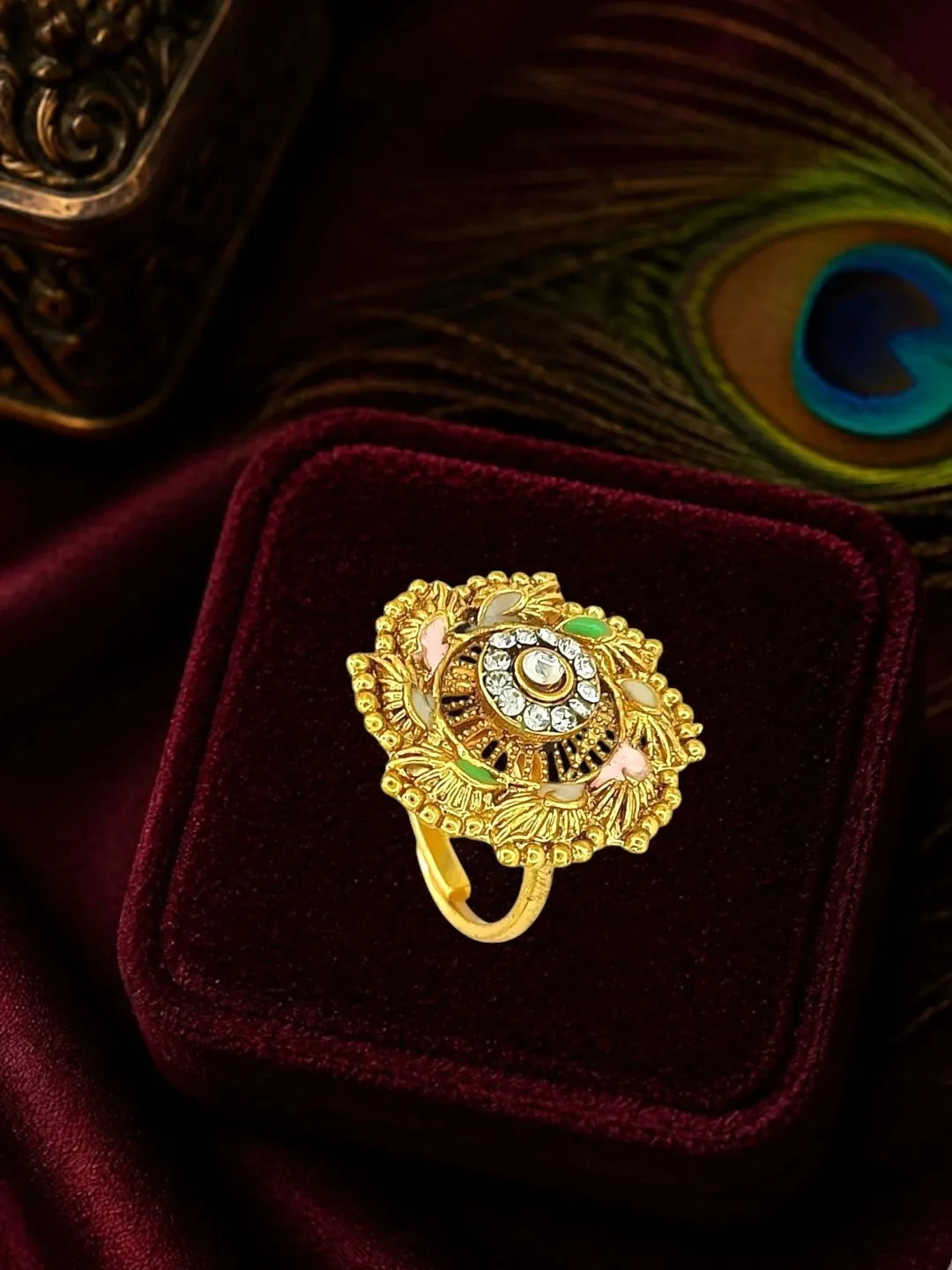 Gold Plated CZ Ennamel Adjustable Finger Ring