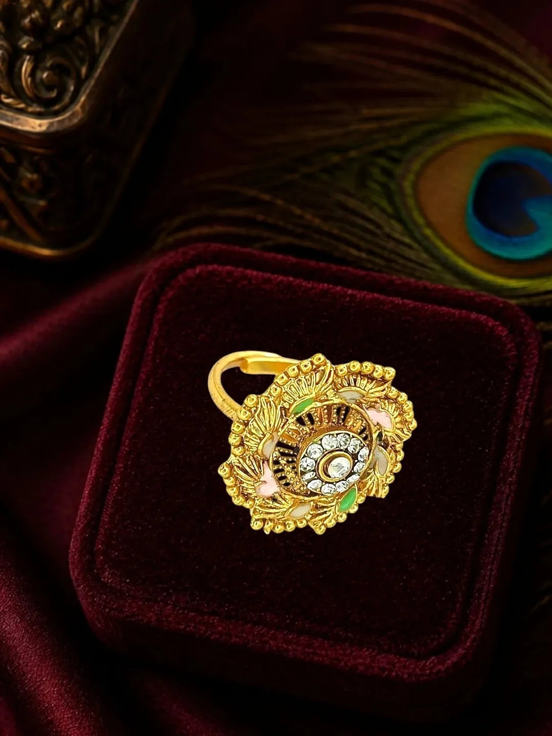 Gold Plated CZ Ennamel Adjustable Finger Ring
