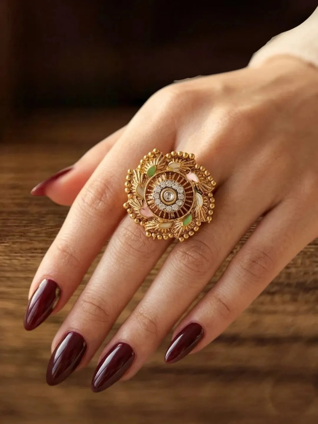 Gold Plated CZ Ennamel Adjustable Finger Ring