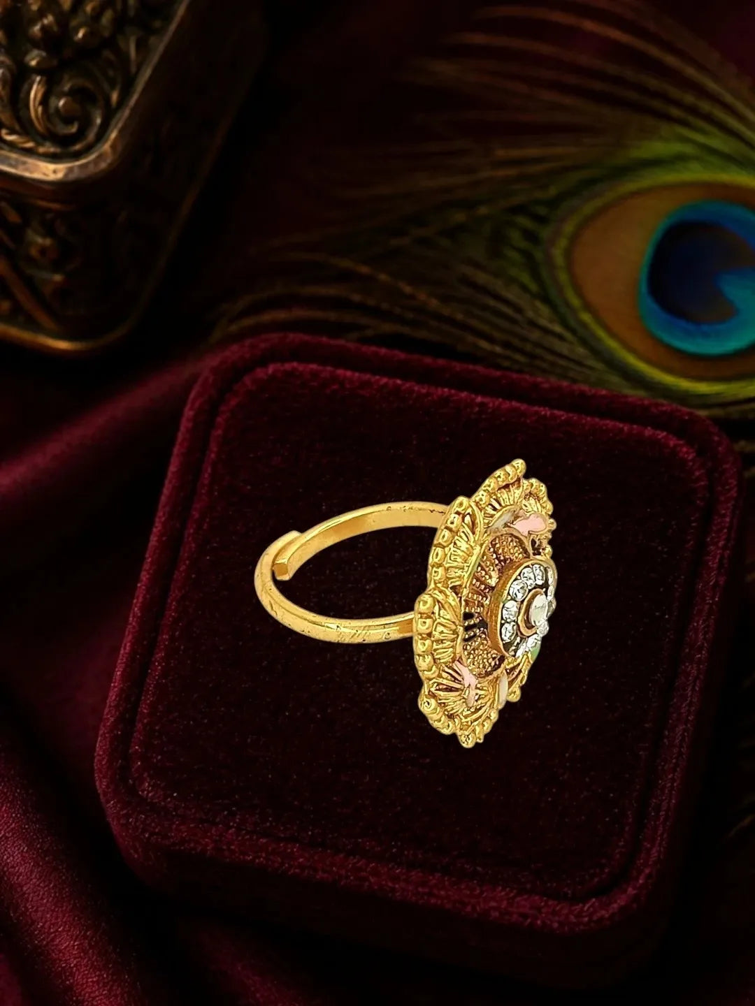 Gold Plated CZ Ennamel Adjustable Finger Ring