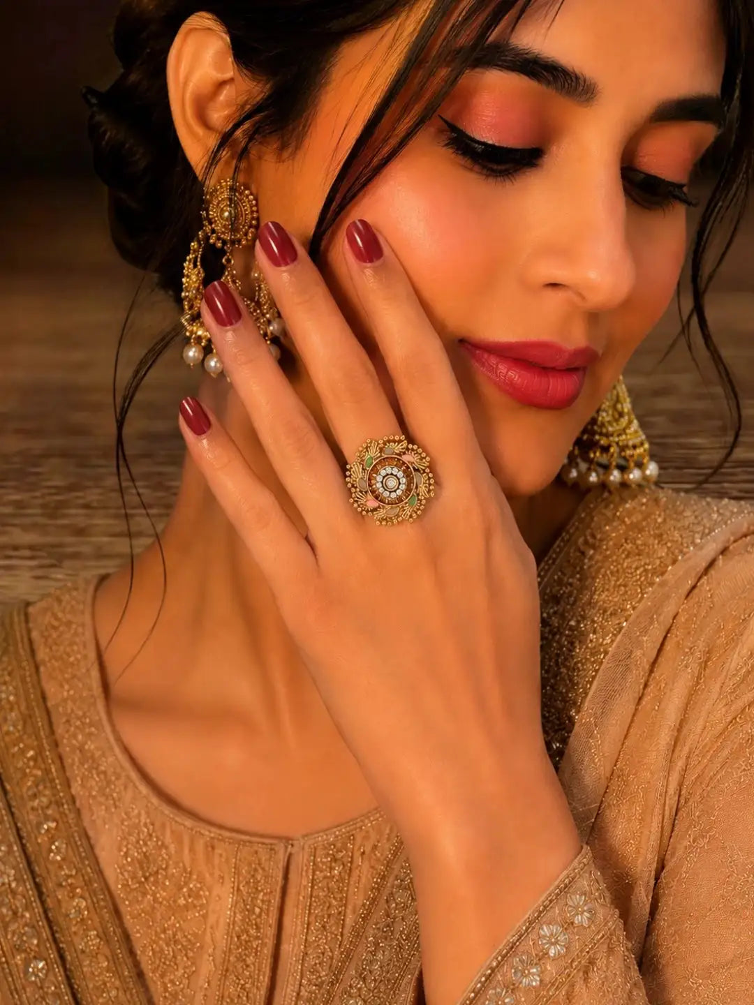 Gold Plated CZ Ennamel Adjustable Finger Ring