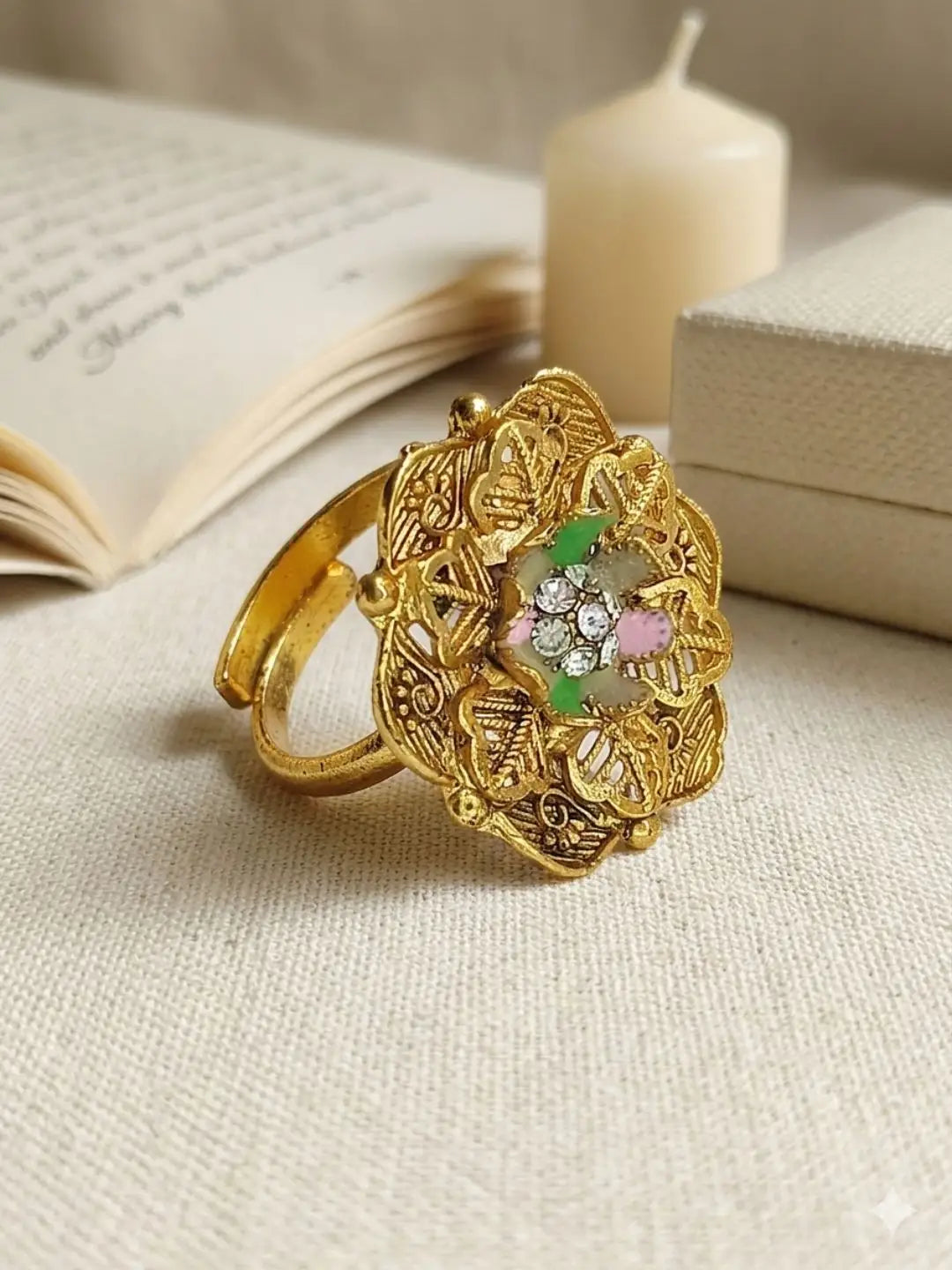 Gold Plated CZ Floral Adjustable Finger Ring